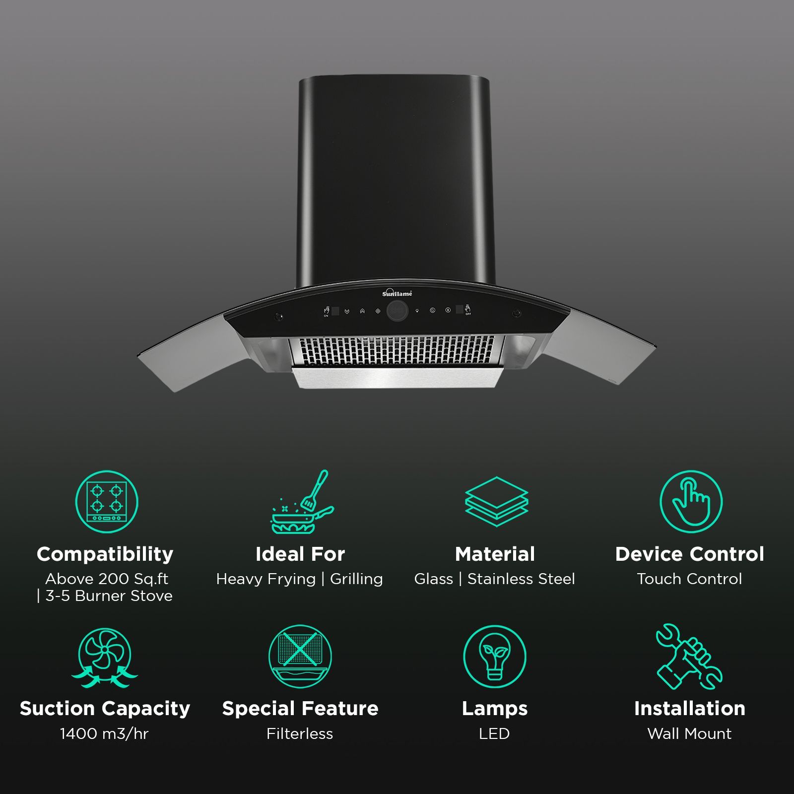 Sunflame Sereno 90cm 1400m³/hr Ductless Auto Clean Wall Mounted Chimney with Motion Sensor (Black)_3