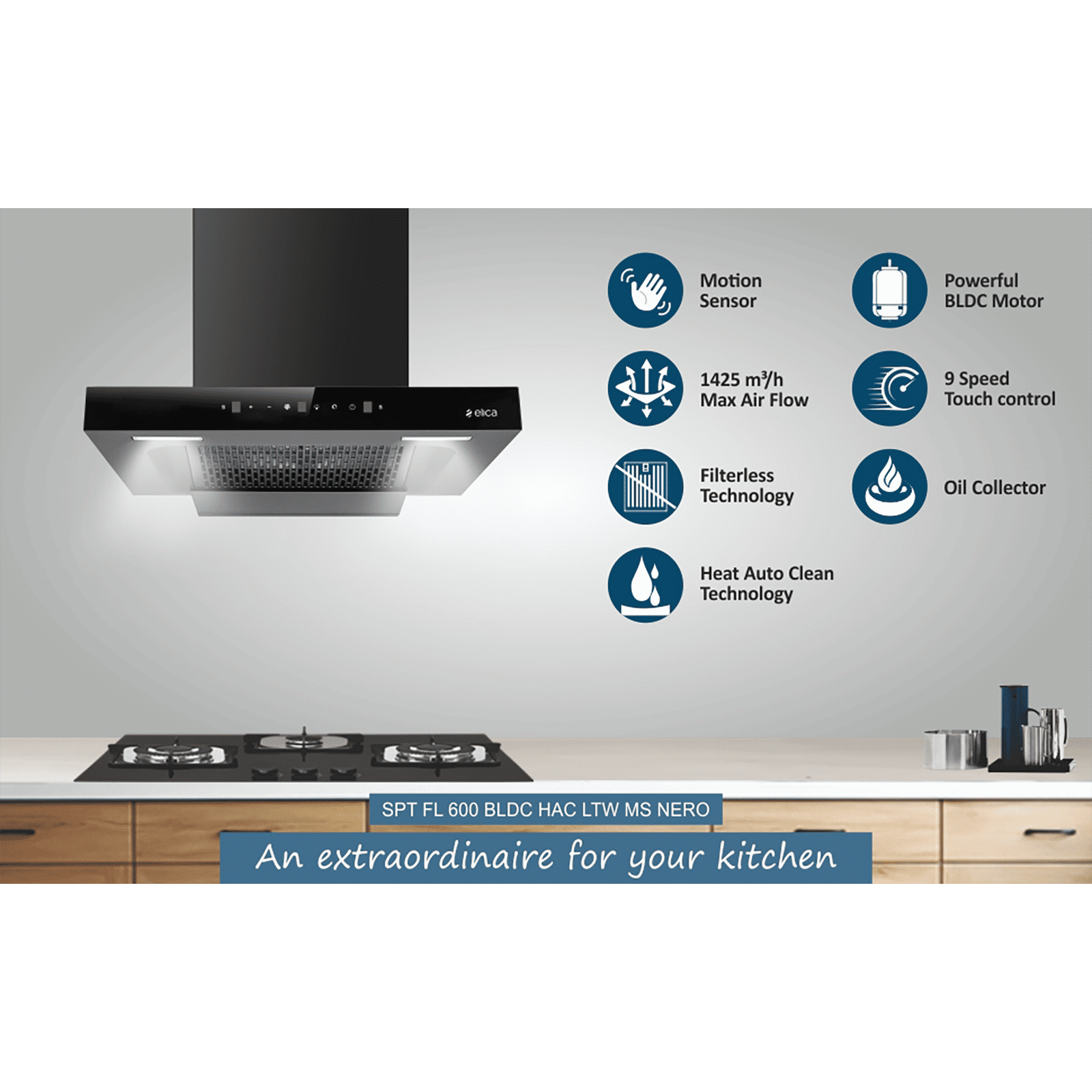 elica SPT FL 600 BLDC HAC LTW MS NERO 60cm 1500m3/hr Ducted Auto Clean Wall Mounted Chimney with Motion Sensor Control (Black)_5