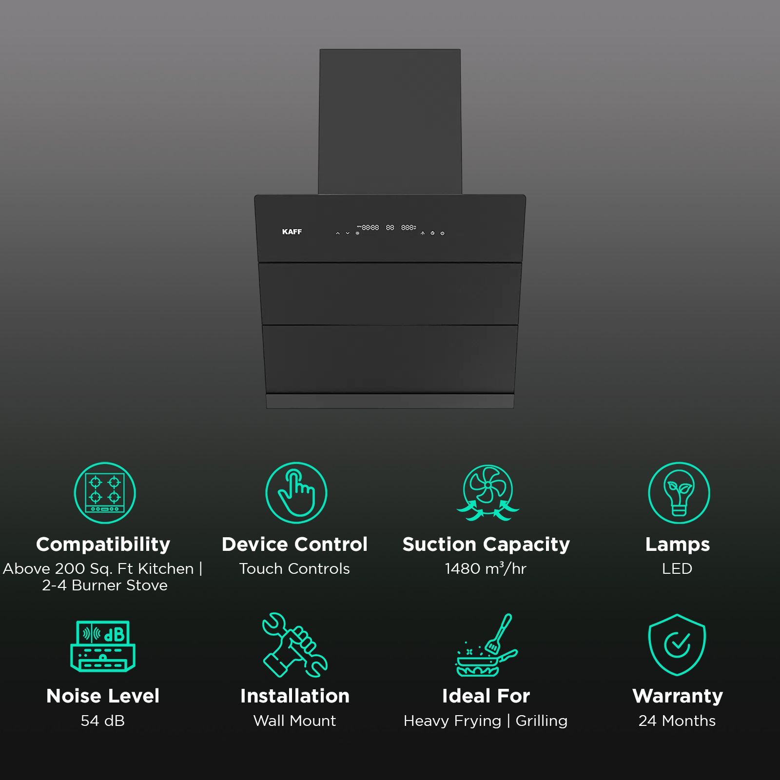 KAFF ALBURY SUPER 60cm 1480m3/hr Ductless Auto Clean Wall Mounted Chimney with Motion Sensor Control (Black)_3