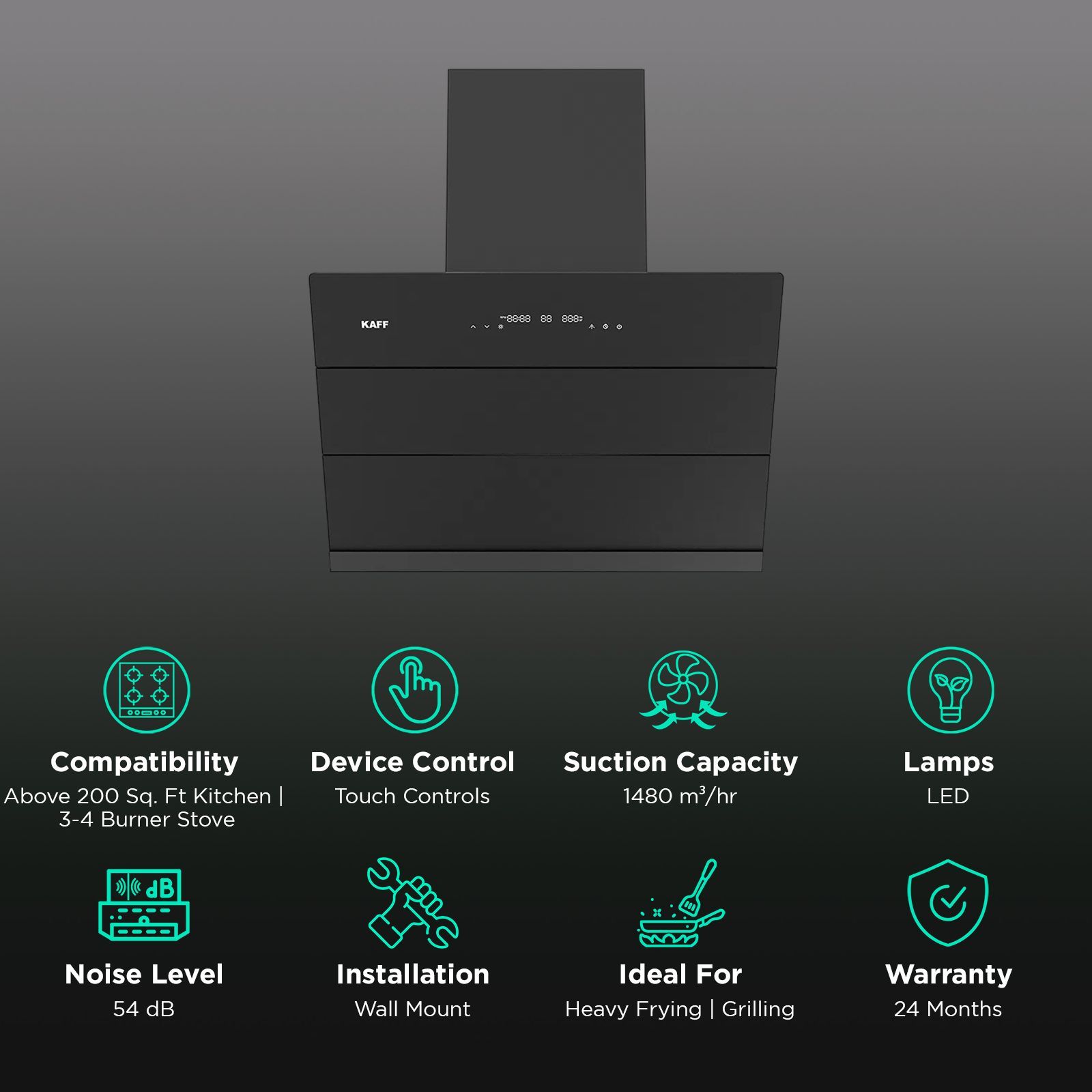 KAFF ALBURY SUPER 75cm 1480m3/hr Ductless Auto Clean Wall Mounted Chimney with Motion Sensor Control (Black)_3