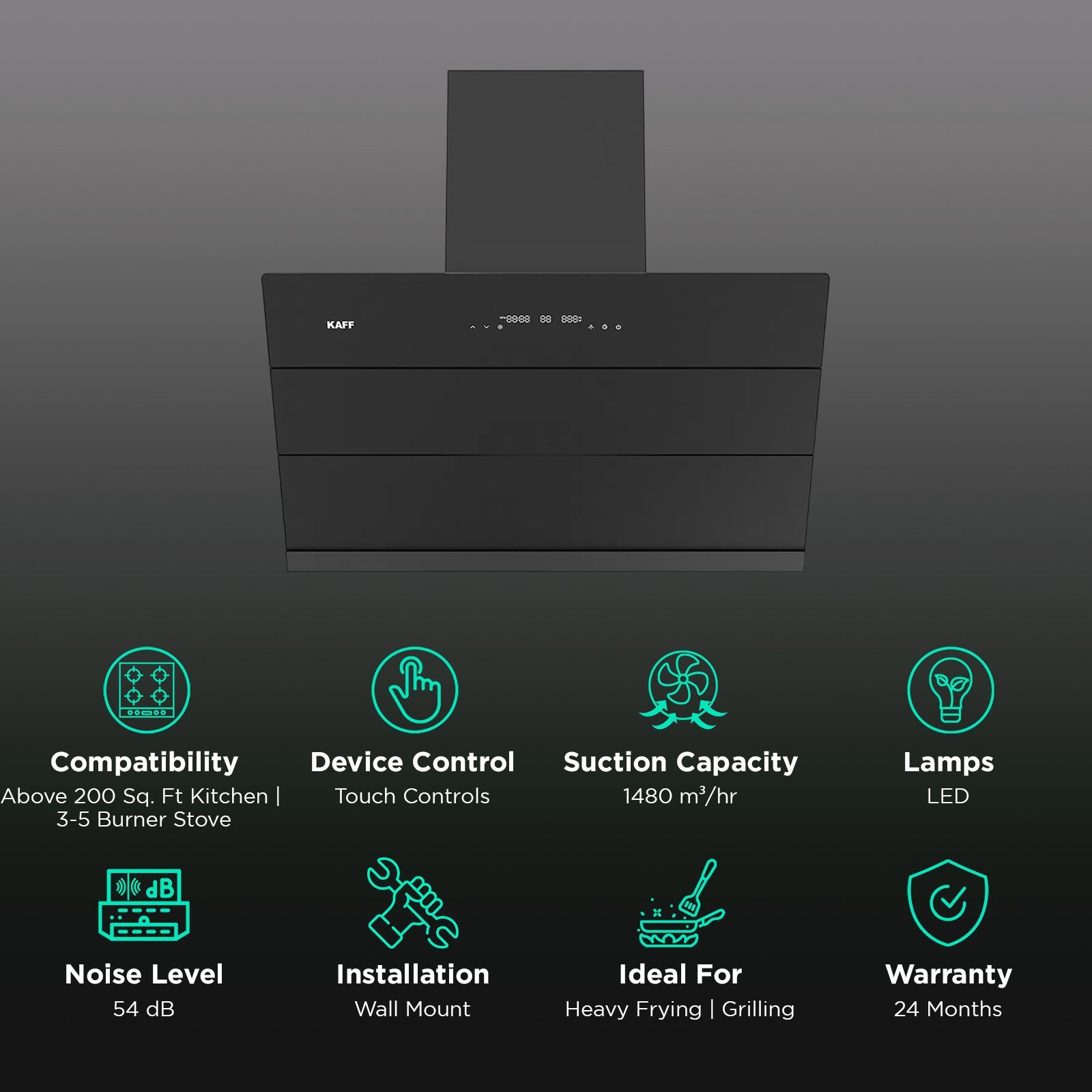 KAFF ALBURY SUPER 90cm 1480m3/hr Ductless Auto Clean Wall Mounted Chimney with Motion Sensor Control (Black)_3