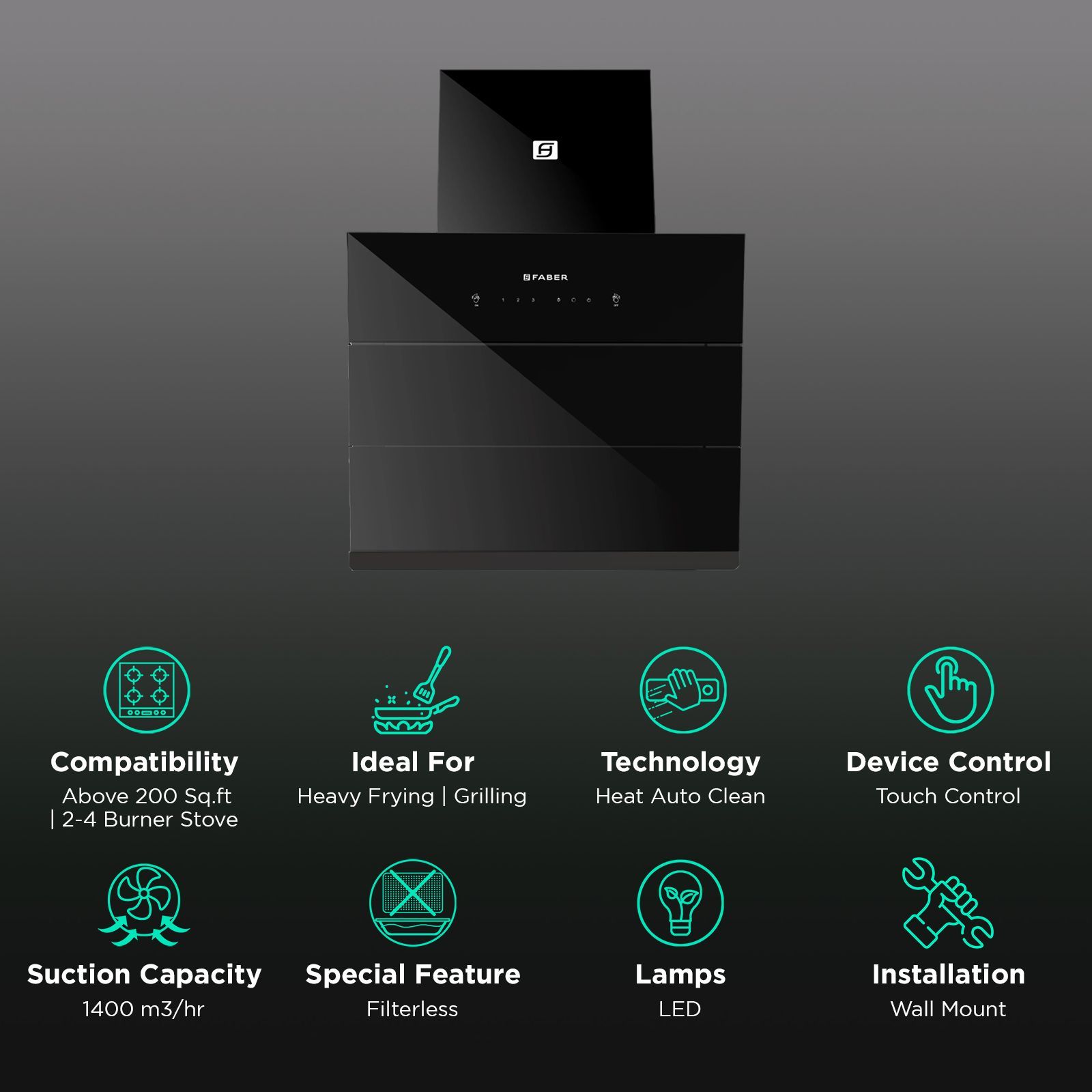 FABER HOOD ZENITH FL HC SC BK IN 60cm 1400m3/hr Ductless Auto Clean Wall Mounted Chimney with Odor Sensor (Black)_3