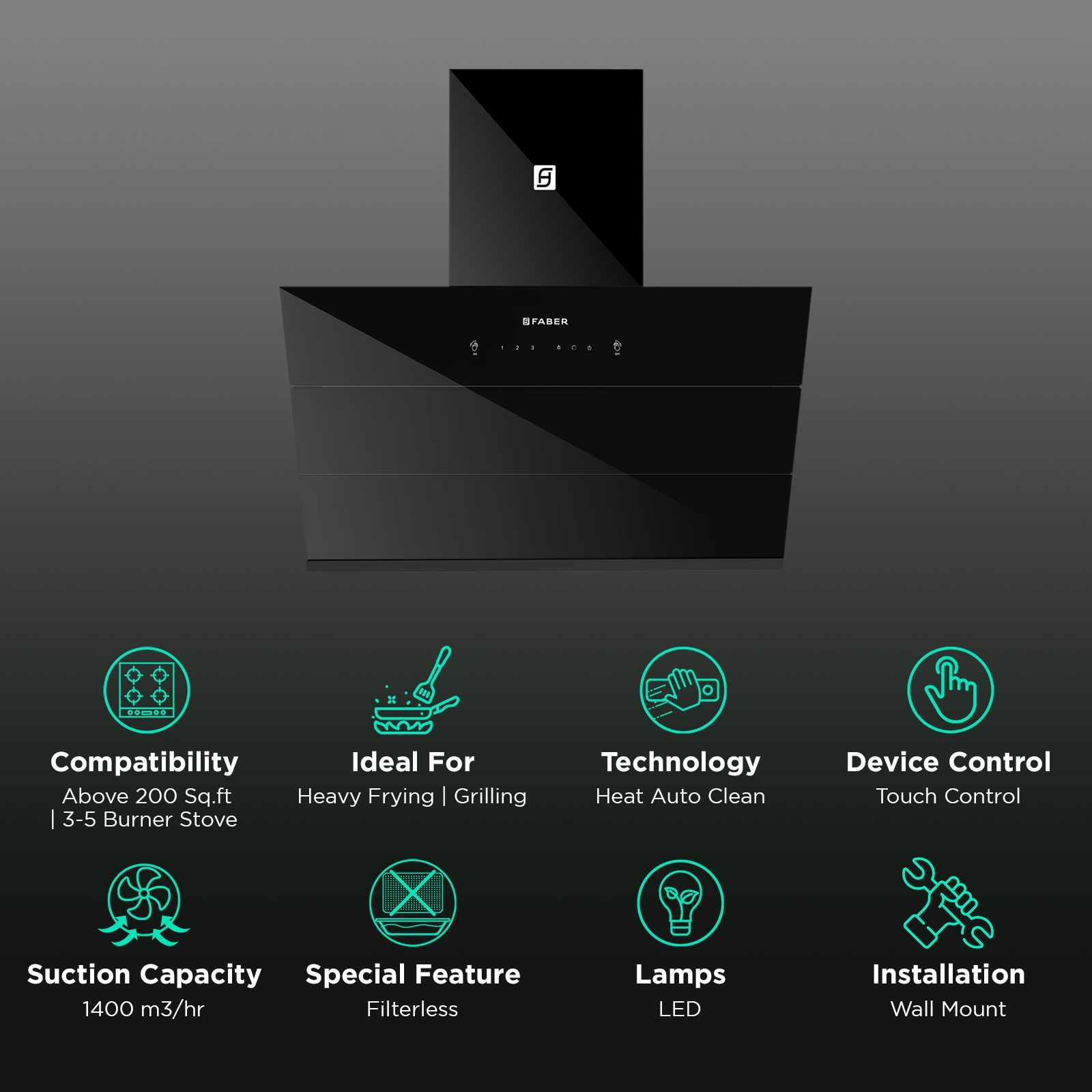 FABER HOOD ZENITH FL HC SC BK IN 90cm 1400m3/hr Ductless Auto Clean Wall Mounted Chimney with Odor Sensor (Black)_3