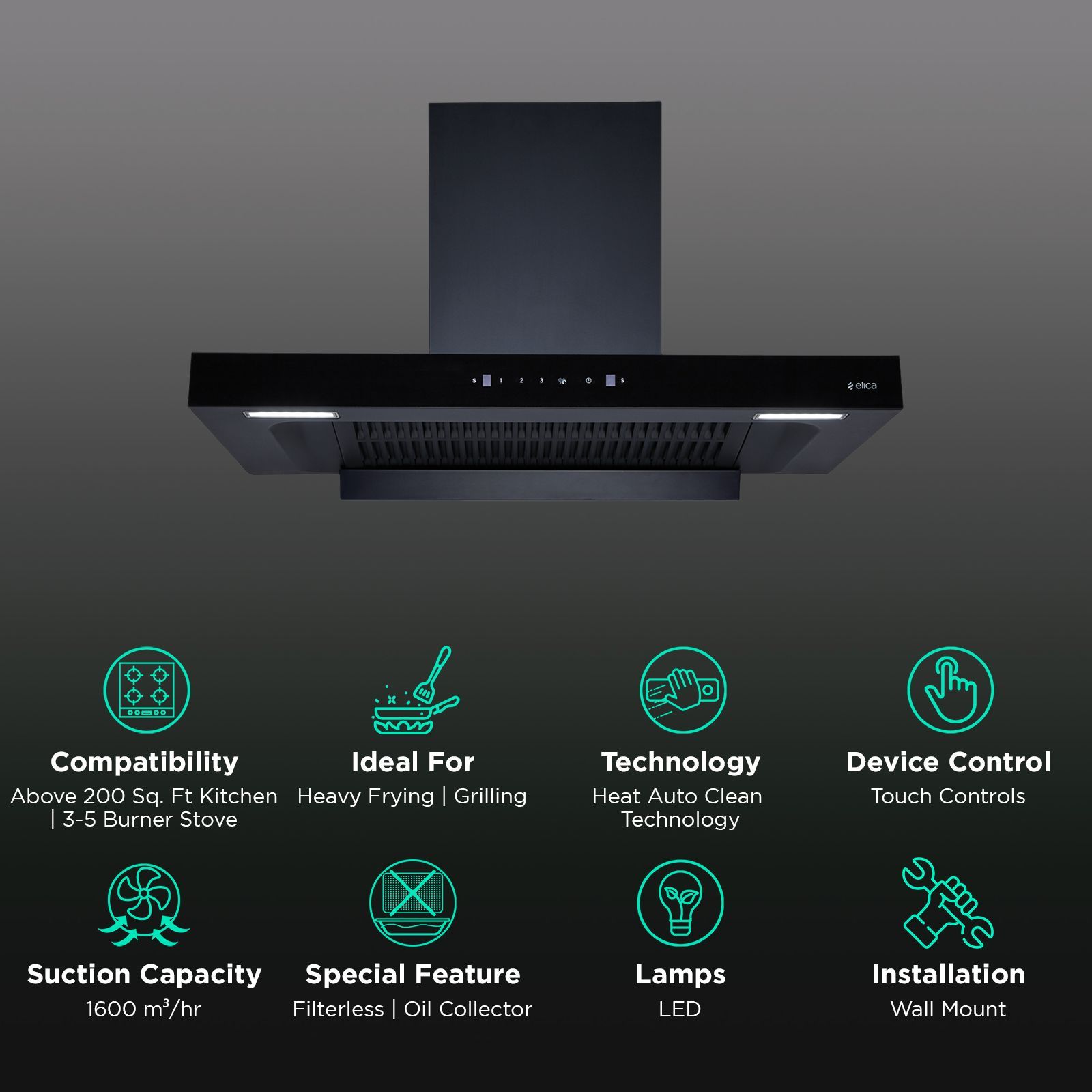 elica FL PLUS SPT MAX 90cm 1600m3/hr Ducted Auto Clean Wall Mounted Chimney with Motion Sensor Control (Black)_3