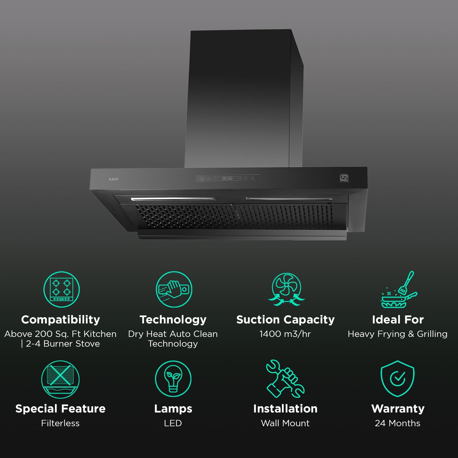 KAFF ASHPRO 60 DC 60cm 1400m3/hr Ductless Auto Clean Wall Mounted Chimney with Motion Sensor Control (Black)_3