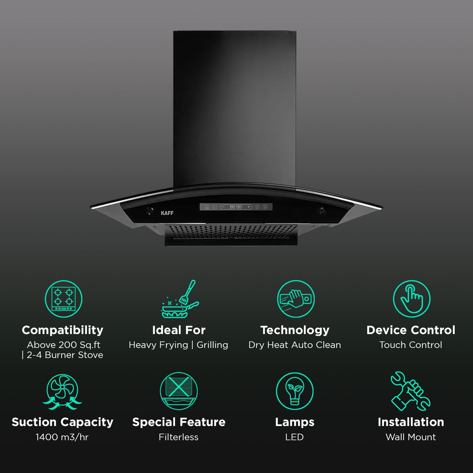 KAFF MAINZ DC 60cm 1400m3/hr Ductless Auto Clean Wall Mounted Chimney with Digital Display (Black)_3