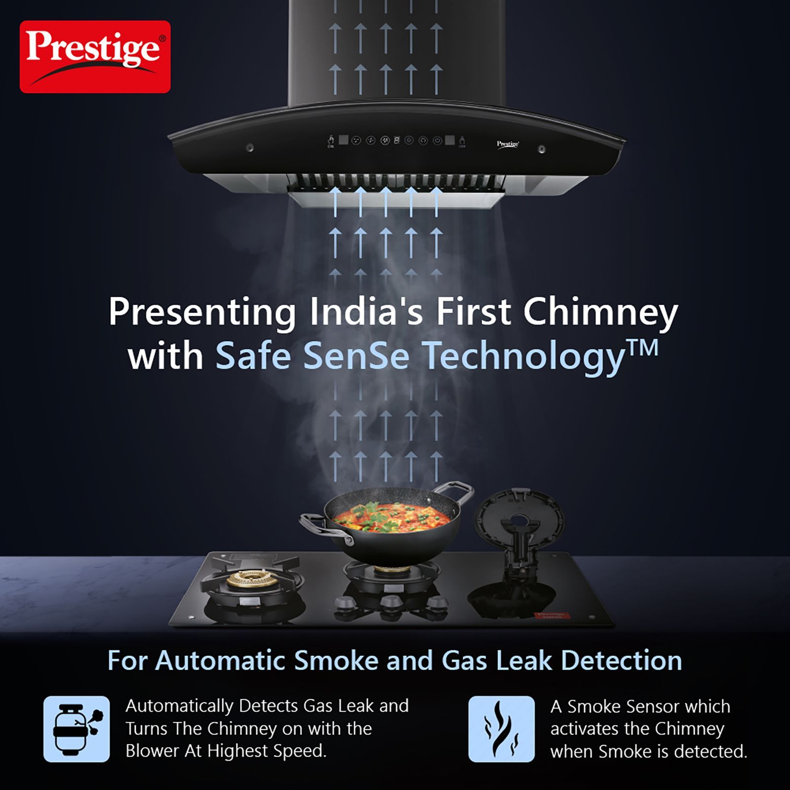 Prestige Oscar Plus 60cm 1200m3/hr Ducted Auto Clean Wall Mounted Chimney with Safe SenSe Technology (Black)_2
