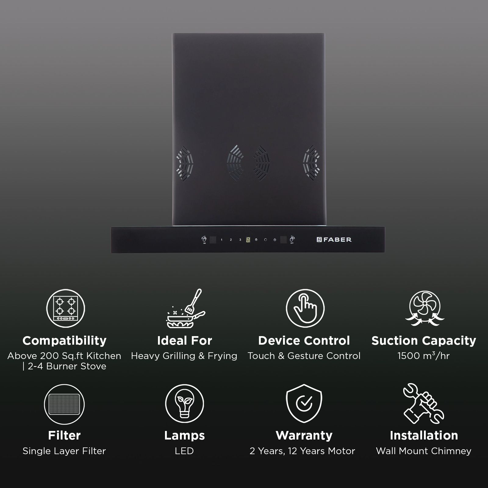 FABER HOOD SILENCIO BLDC HC SC FL BK IN 60 T 60cm 1500m3/hr Ducted Auto Clean Wall Mounted Chimney with Touch and Gesture Control (Black)_2