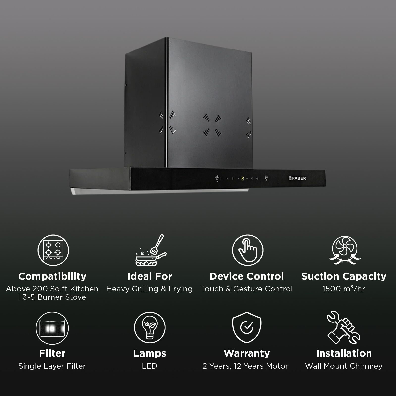 FABER HOOD SILENCIO BLDC HC SC FL BK IN 75 T 75cm 1500m3/hr Ducted Auto Clean Wall Mounted Chimney with Touch and Gesture Control (Black)_2