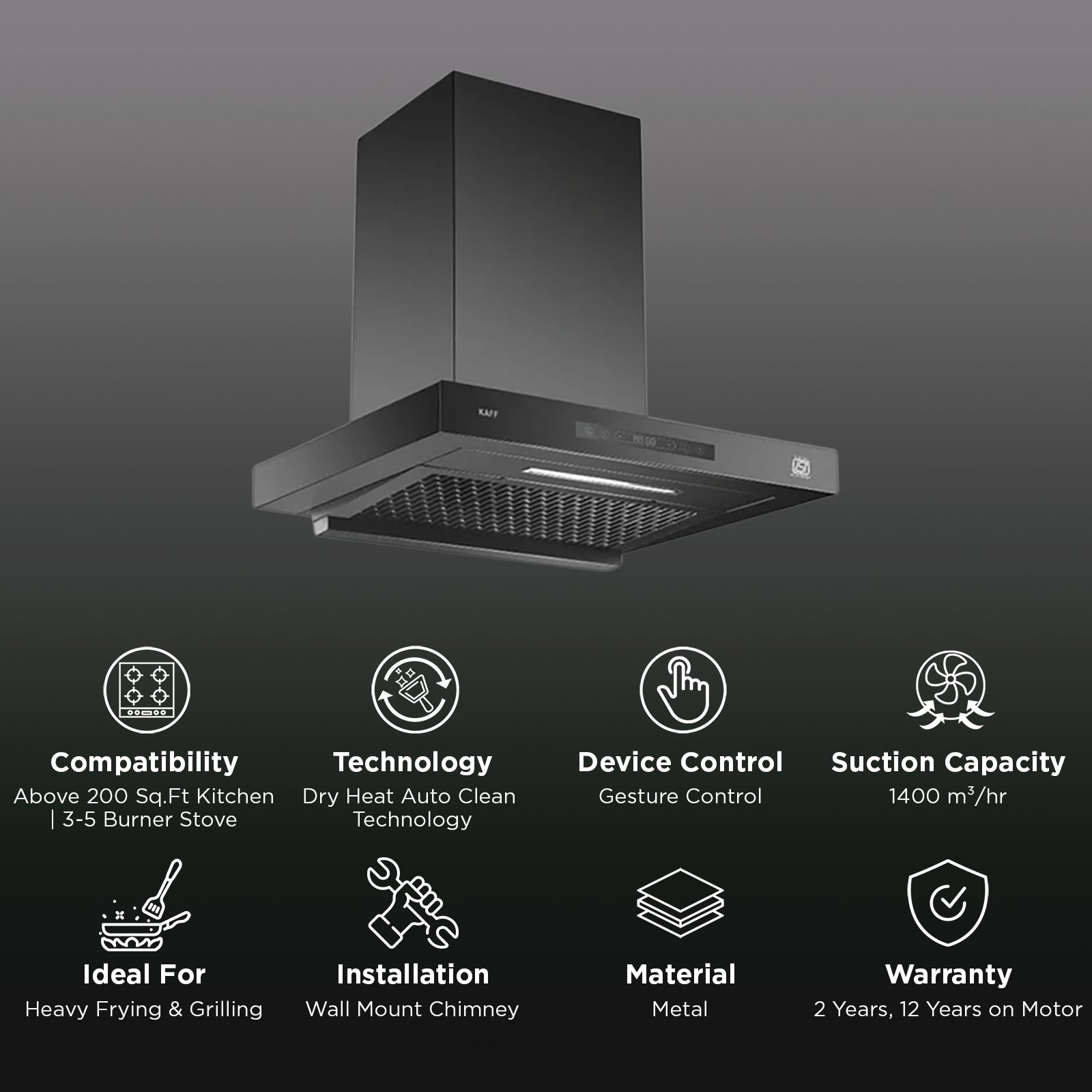 KAFF ASHPRO DC 90cm 1400m3/hr Ducted Auto Clean Wall Mounted Chimney with Gesture Motion Control (Matt Black) KAFF ASHPRO DC 90cm 1400m3/hr Ducted Auto Clean Wall Mounted Chimney with Gesture Motion Control (Matt Black)_2