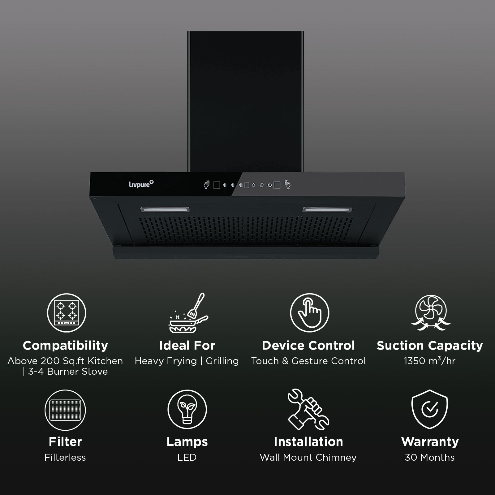 Livepure Ether 75cm 1350m3/hr Ducted Auto Clean Wall Mounted Chimney with Motion Sensor Controls (Black) Livepure Ether 75cm 1350m3/hr Ducted Auto Clean Wall Mounted Chimney with Motion Sensor Controls (Black)_3