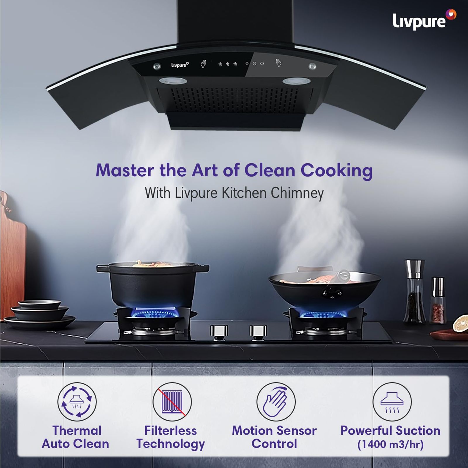Livepure Swirl 90cm 1400m3/hr Ducted Auto Clean Wall Mounted Chimney with Motion Sensor Controls (Black)_6