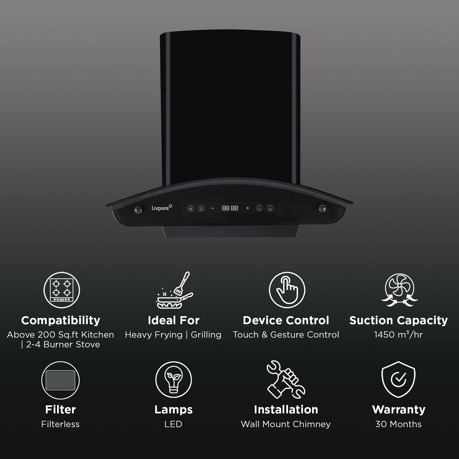 Livepure Invictor Plus 60cm 1450m3/hr Ducted Auto Clean Wall Mounted Chimney with Smart Touch & Gesture Control Panel (Black)_3