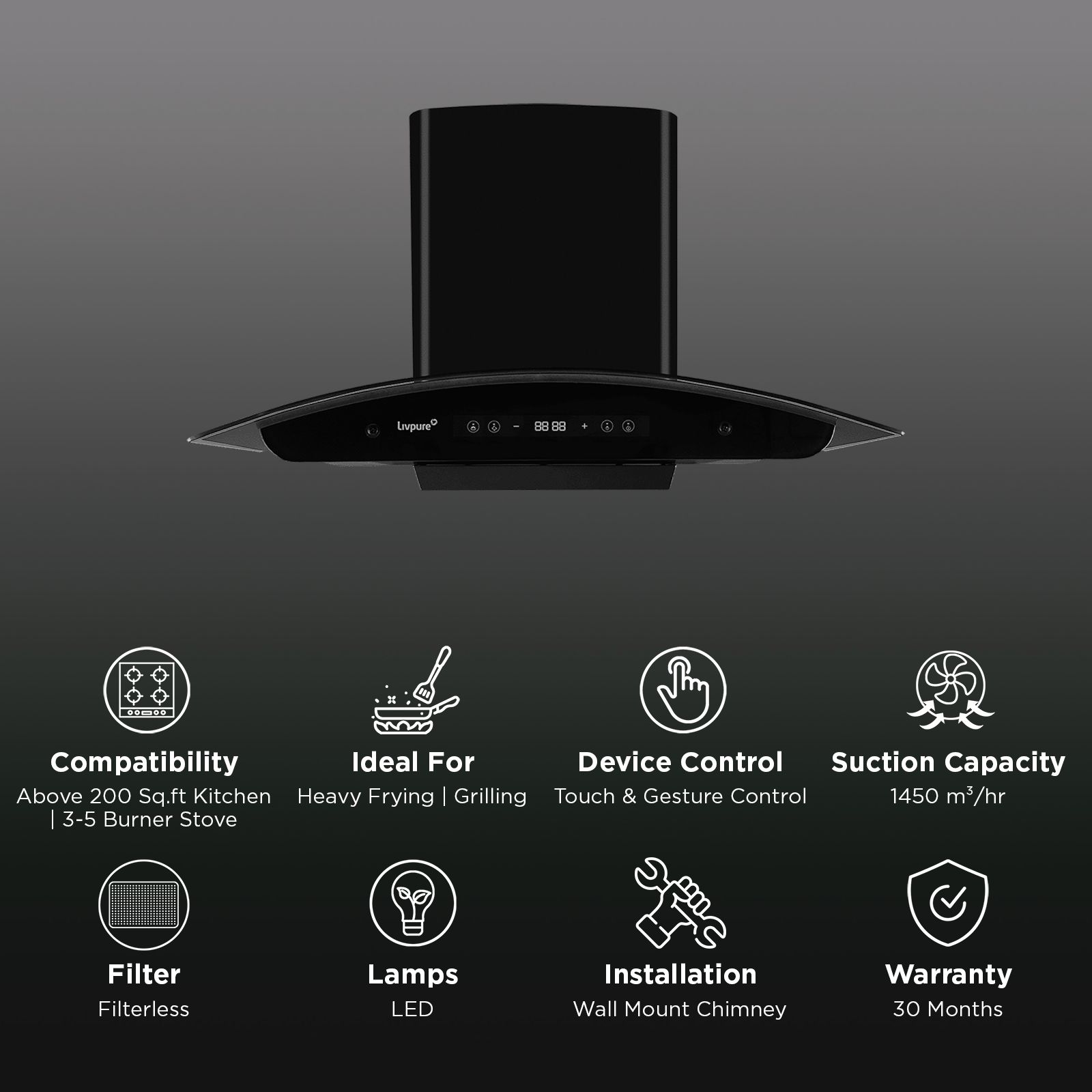 Livepure Invictor Plus 90cm 1450m3/hr Ducted Auto Clean Wall Mounted Chimney with Smart Touch & Gesture Control Panel (Black)_3