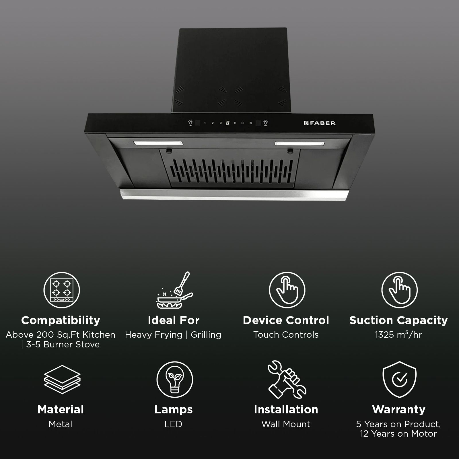 FABER Hood Silencio 3D IND HC SC FL BK 90 T cm 1325m3/hr Ducted Auto Clean Wall Mounted Chimney with Touch Control Panel (Black) FABER Hood Silencio 3D IND HC SC FL BK 90 T cm 1325m3/hr Ducted Auto Clean Wall Mounted Chimney with Touch Control Panel (Black)_2