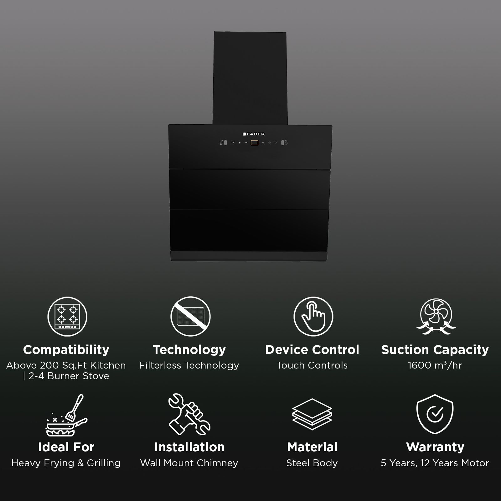 FABER HOOD AETHER BLDC HC SC FL BK IN 60cm 1600m3/hr Ducted Auto Clean Wall Mounted Chimney with LPG Leakage Sensor (Black) FABER HOOD AETHER BLDC HC SC FL BK IN 60cm 1600m3/hr Ducted Auto Clean Wall Mounted Chimney with LPG Leakage Sensor (Black)_2