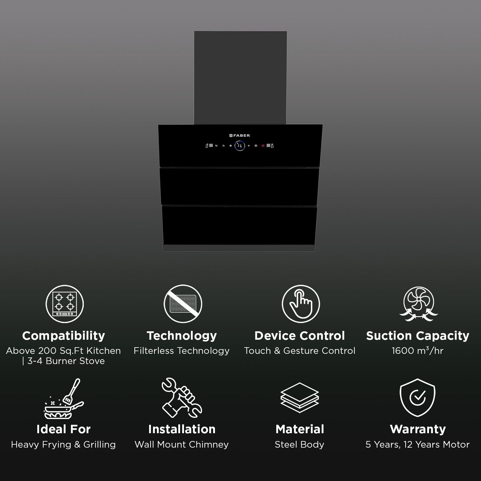 FABER HOOD AETHER BLDC HC SC FL BK IN 75cm 1600m3/hr Ducted Auto Clean Wall Mounted Chimney with LPG Leakage Sensor (Black) FABER HOOD AETHER BLDC HC SC FL BK IN 75cm 1600m3/hr Ducted Auto Clean Wall Mounted Chimney with LPG Leakage Sensor (Black)_2