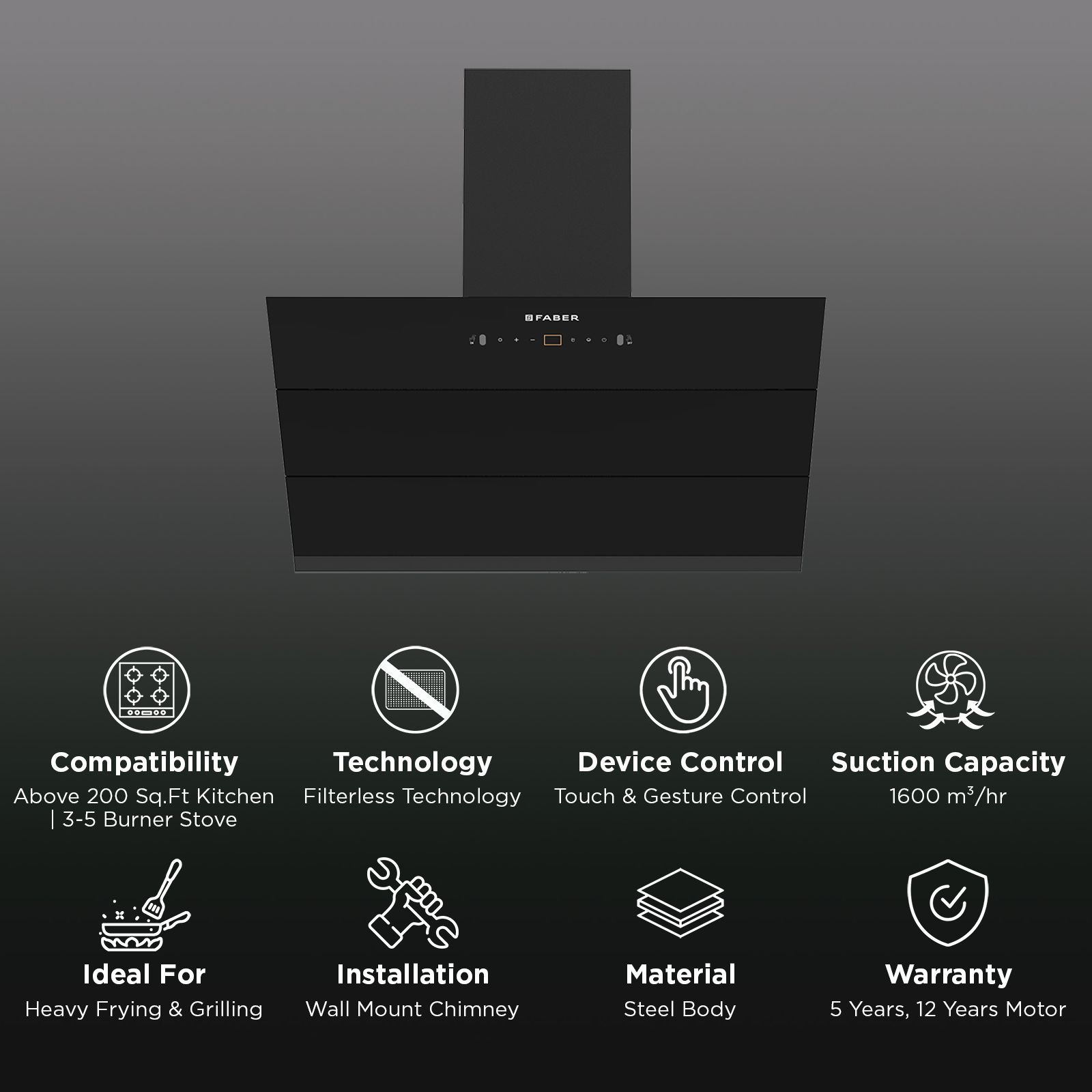 FABER HOOD AETHER BLDC HC SC FL BK IN 90cm 1600m3/hr Ducted Auto Clean Wall Mounted Chimney with LPG Leakage Sensor (Black) FABER HOOD AETHER BLDC HC SC FL BK IN 90cm 1600m3/hr Ducted Auto Clean Wall Mounted Chimney with LPG Leakage Sensor (Black)_2