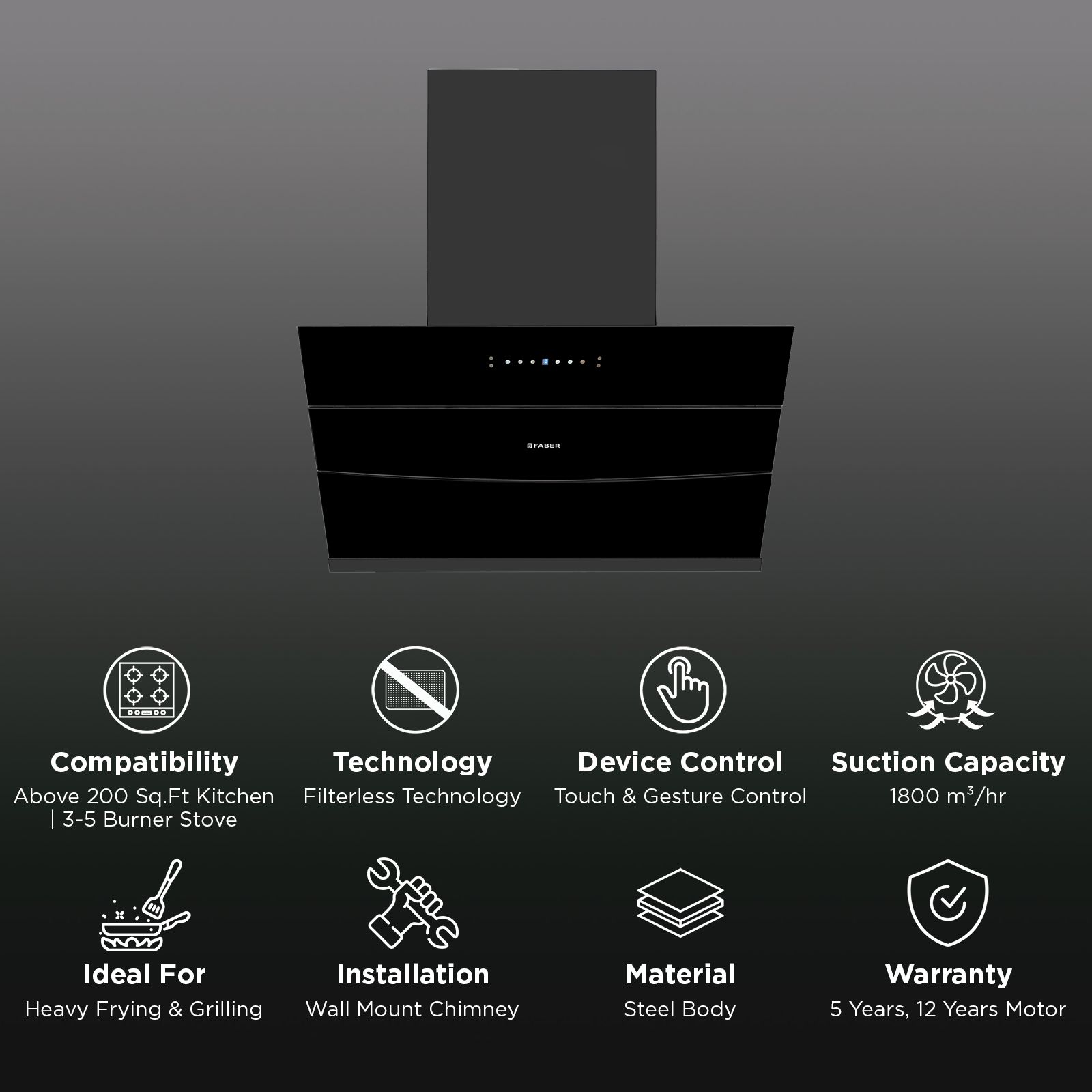 FABER HOOD BOLT TURBO FL SW SC BLDC BK IN 90cm 1800m3/hr Ducted Auto clean Wall Mounted Chimney with Touch & Gesture Control (Black)_2