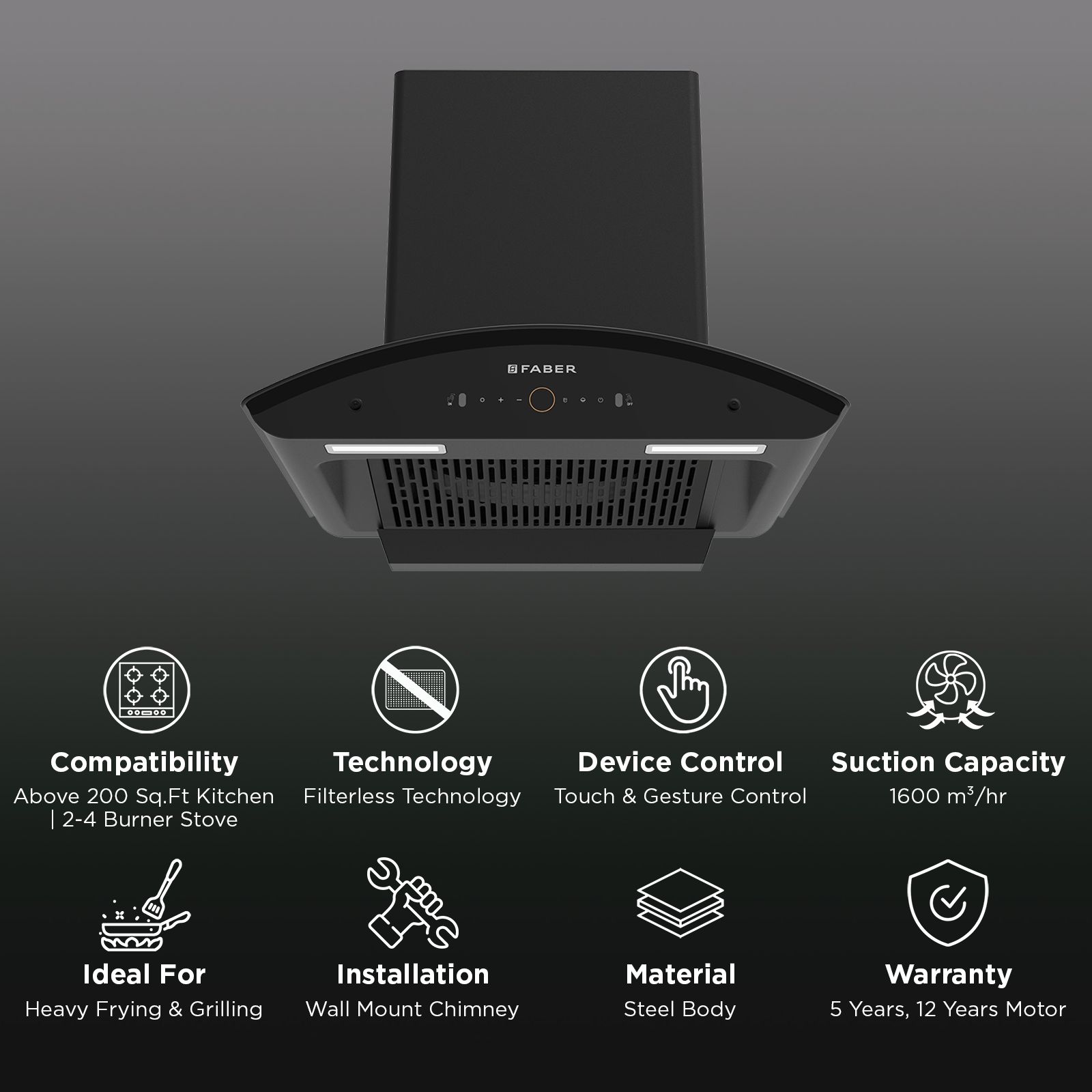 FABER HOOD ENIGMA BLDC HC SC FL BK IN 60cm 1600m3/hr Ducted Auto Clean Wall Mounted Chimney with Gesture Control (Black) FABER HOOD ENIGMA BLDC HC SC FL BK IN 60cm 1600m3/hr Ducted Auto Clean Wall Mounted Chimney with Gesture Control (Black)_2