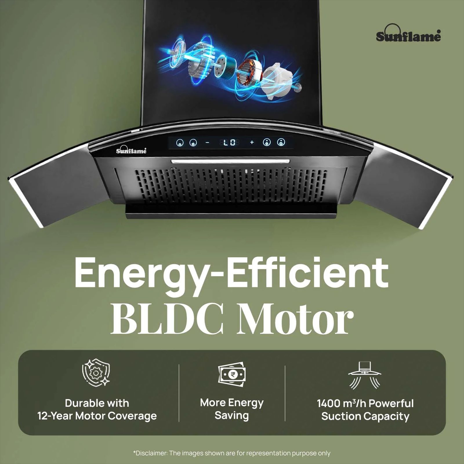 Sunflame SF-RE90 90cm 1400m3/hr Ducted Auto Clean Wall Mounted Chimney with Motion Senor Control (Black)_3