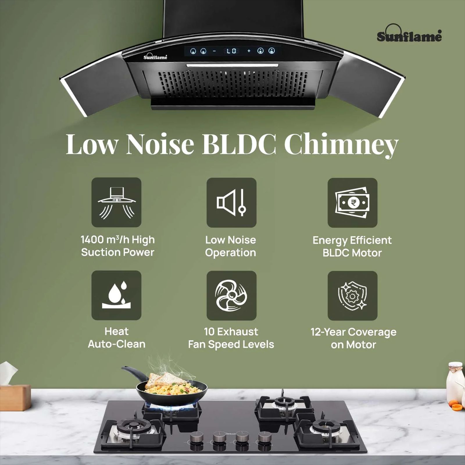 Sunflame SF-RE90 90cm 1400m3/hr Ducted Auto Clean Wall Mounted Chimney with Motion Senor Control (Black)_2