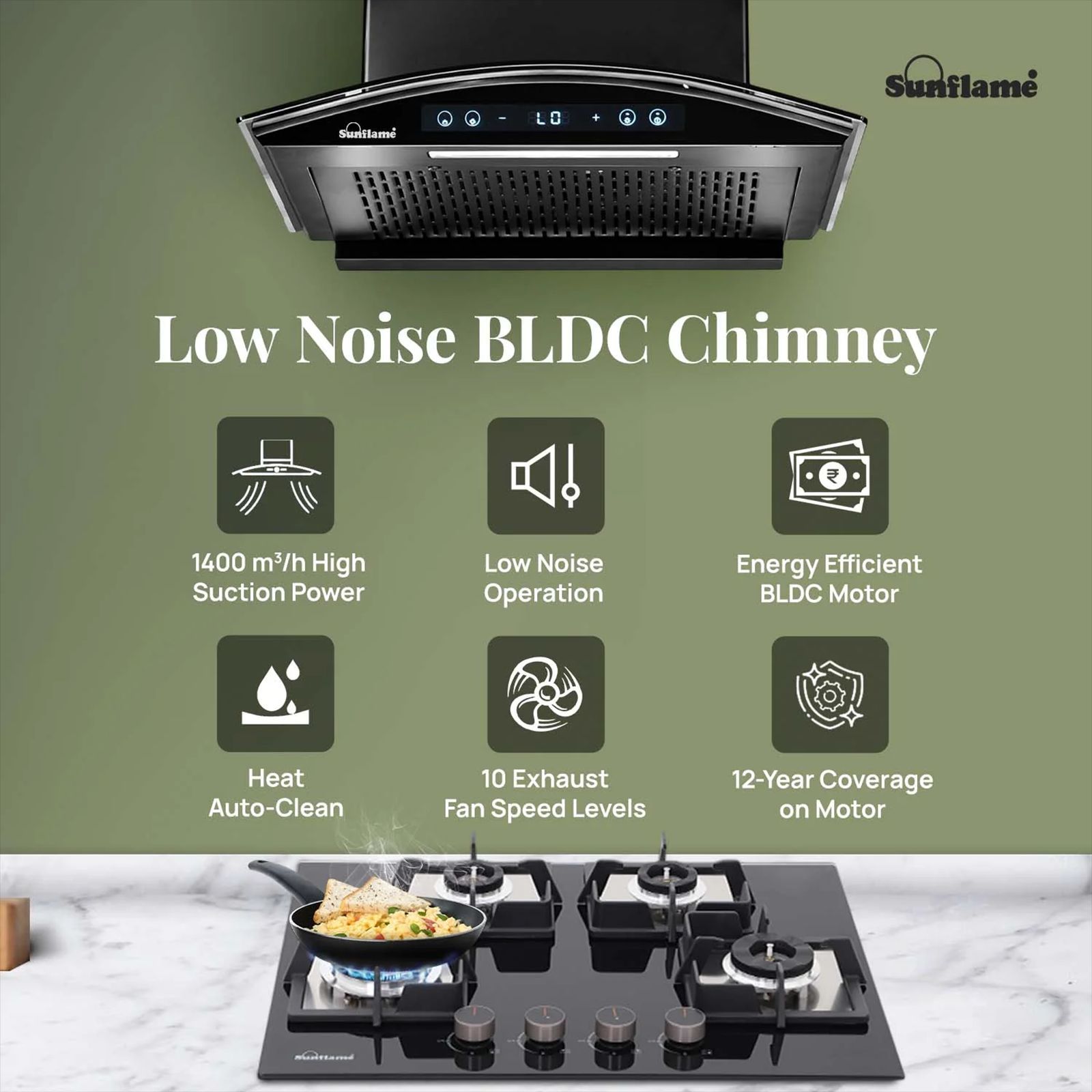 Sunflame SF-RE60 60cm 1400m3/hr Ducted Auto Clean Wall Mounted Chimney with Motion Senor Control (Black)_2