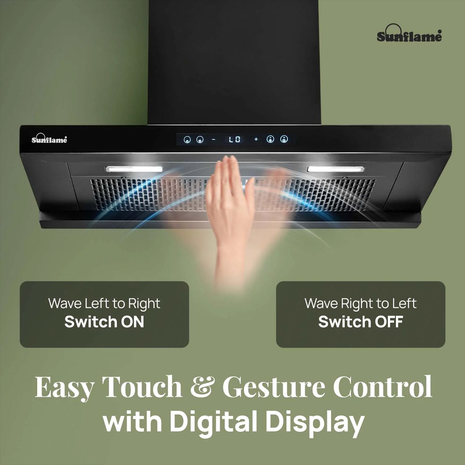 Sunflame SF-AS90 90cm 1400m3/hr Ducted Auto Clean Wall Mounted Chimney with Motion Senor Control (Black)_5