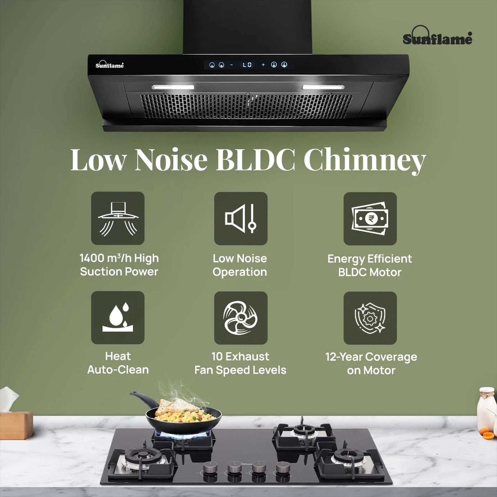Sunflame SF-AS90 90cm 1400m3/hr Ducted Auto Clean Wall Mounted Chimney with Motion Senor Control (Black)_2