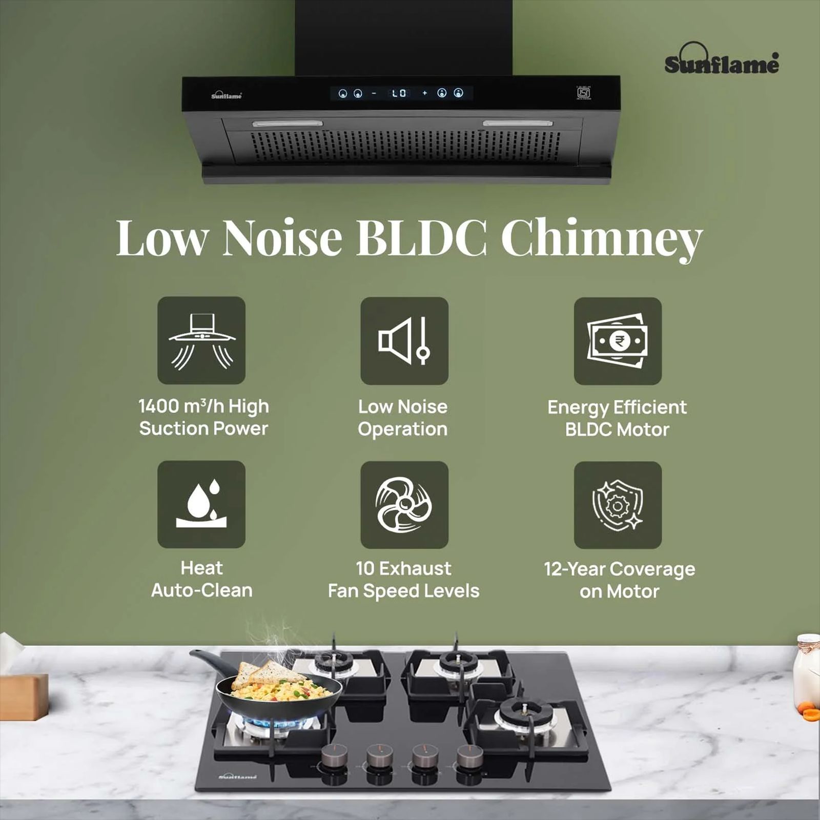 Sunflame SF-AS75 75cm 1400m3/hr Ducted Auto Clean Wall Mounted Chimney with Motion Senor Control (Black)_2