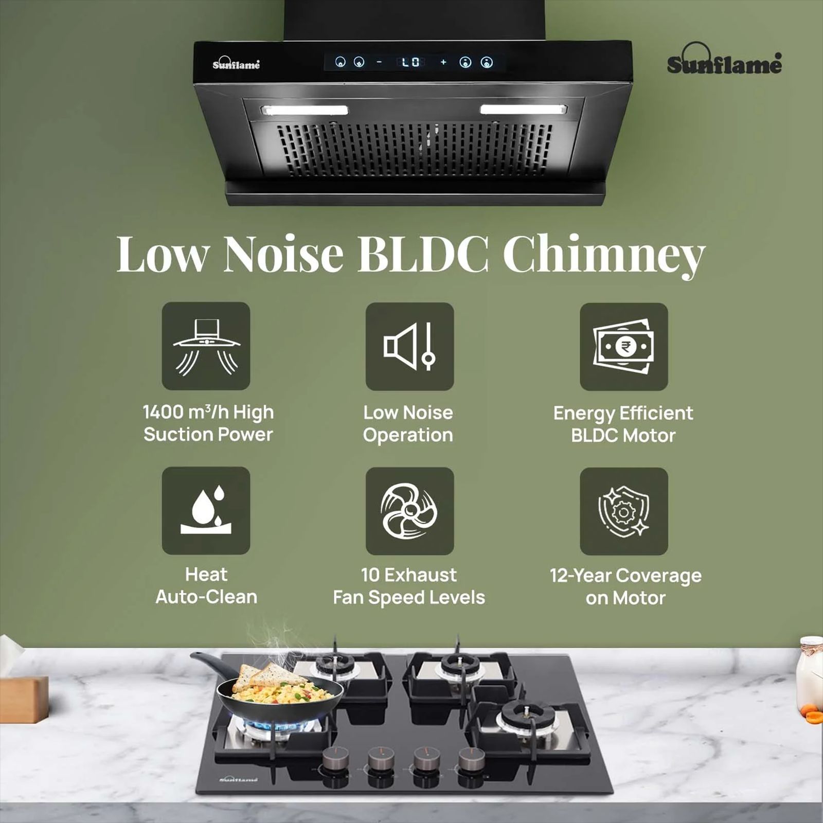 Sunflame SF-AS60 60cm 1400m3/hr Ducted Auto Clean Wall Mounted Chimney with Motion Senor Control (Black)_2