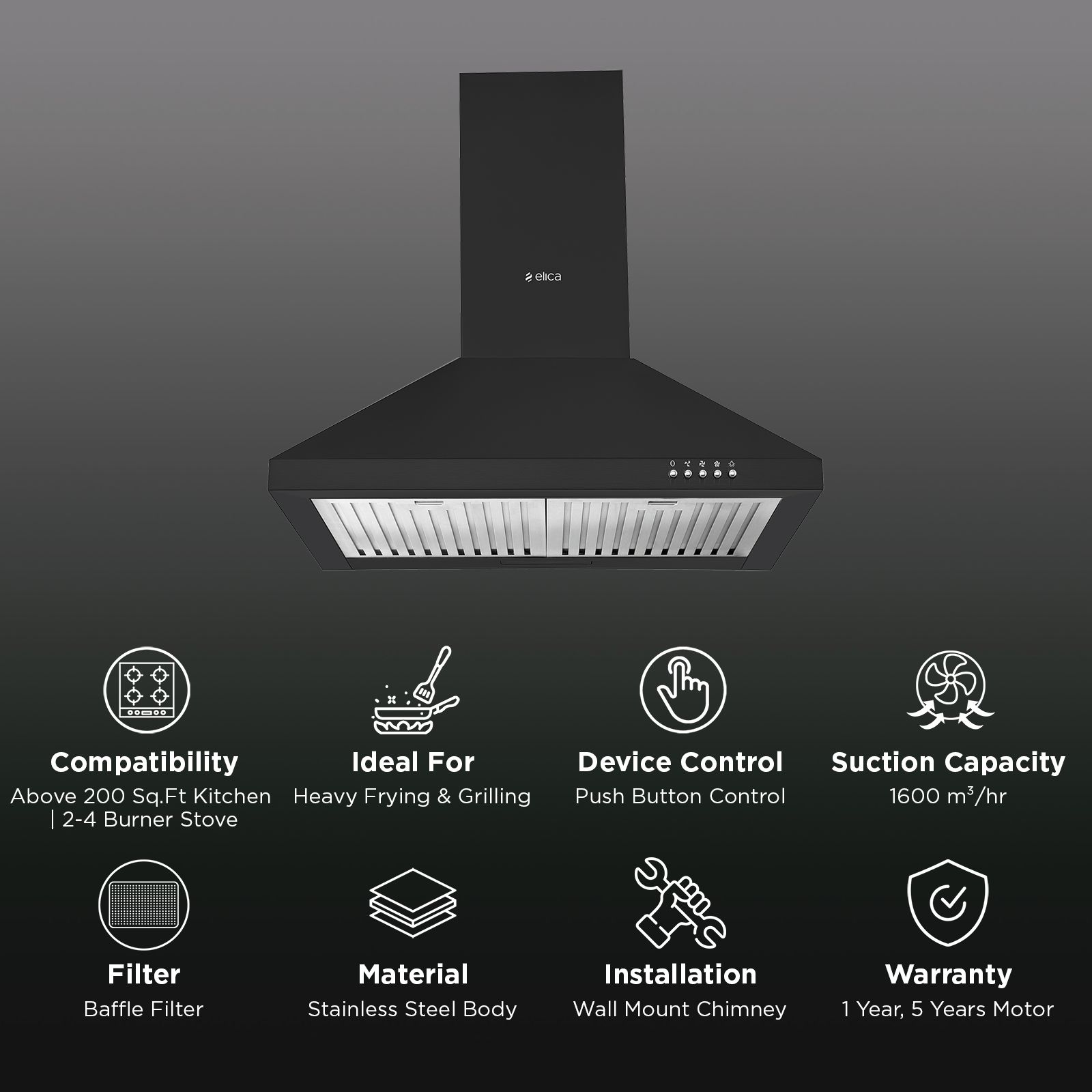 elica AH PLUS 260BF NERO 60cm 1600m3/hr Ducted Wall Mounted Chimney with Baffle Filters (Black)_3
