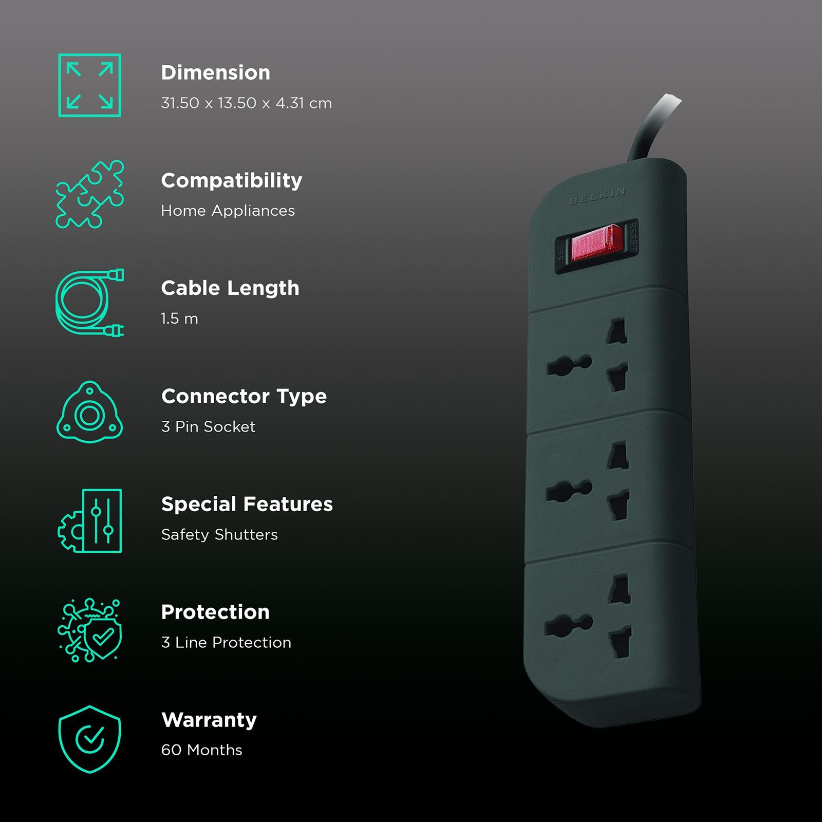 belkin 6 Amps 3 Sockets Surge Protector with Individual Switch (1.5 Meters, Heavy Duty Cable Overload Protection, F9E300ZB, Grey) belkin 6 Amps 3 Sockets Surge Protector with Individual Switch (1.5 Meters, Heavy Duty Cable Overload Protection, F9E300ZB, Grey)_2