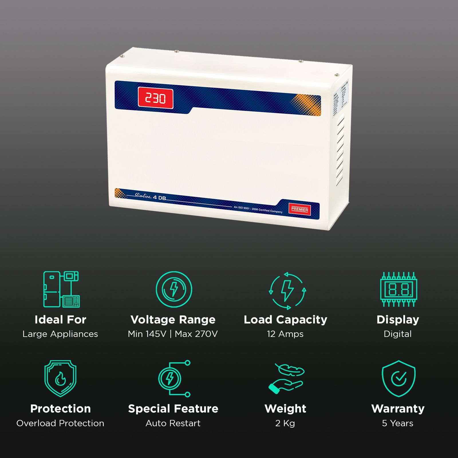 Premier Slimline Double Boost 12 Amps Voltage Stabilizer For 1.5T Air Conditioner (145 - 270 V, Digital Display, 4KVA, White)_2