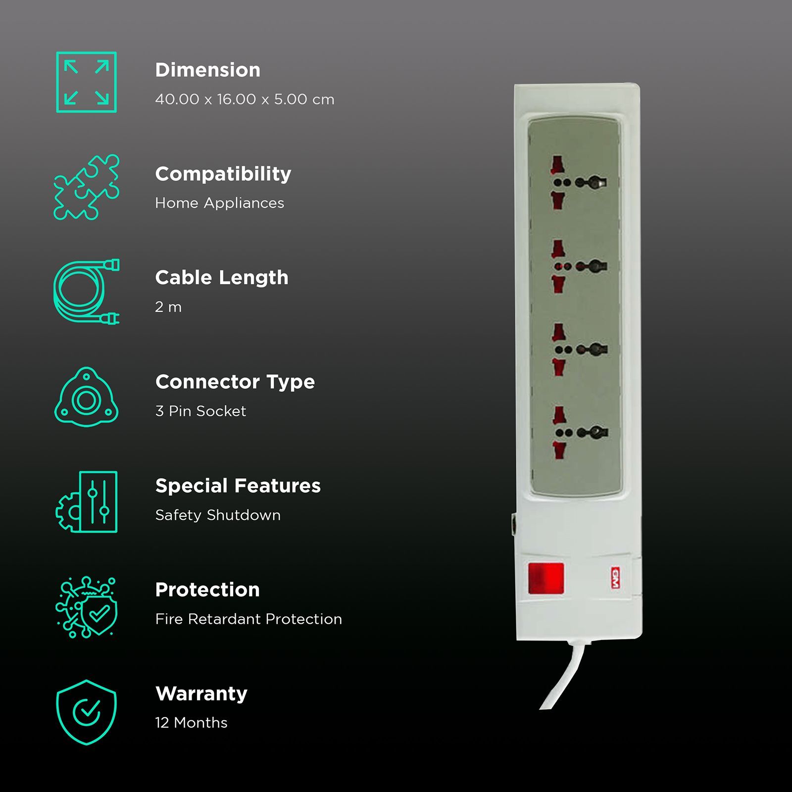 GM 4 + 1 G-8000 Amps 4 Sockets Power Outlet Spike Adaptor (2.5 Meters, Ergonomic Design, 3058, Grey)_2
