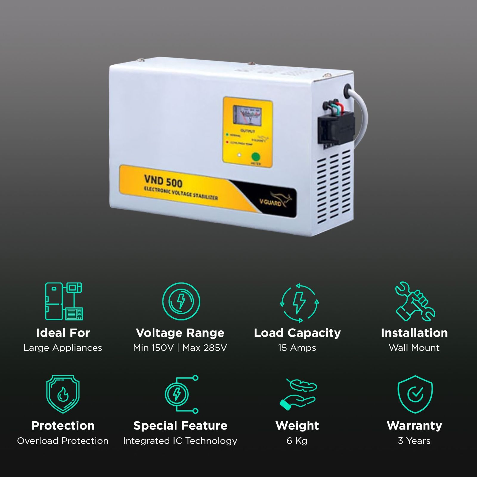 V-Guard 15 Amps Voltage Stabilizer For 2T Air Conditioner (150 - 285 V, Digital Display, VND 500, Grey) V-Guard 15 Amps Voltage Stabilizer For 2T Air Conditioner (150 - 285 V, Digital Display, VND 500, Grey)_2