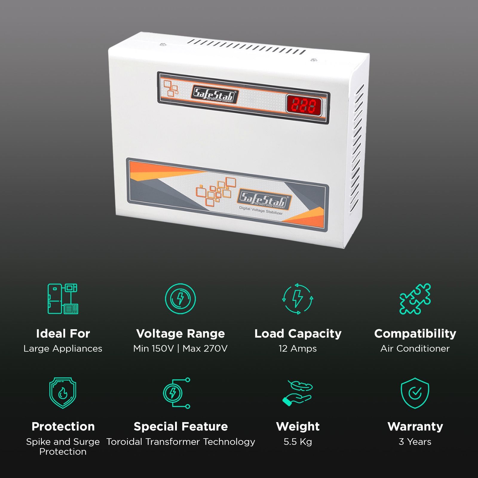 SafeStab 12 Amps Voltage Stabilizer For 1.5T Air Conditioner (150 - 270 V, Latest IC Technology, VST400D PLUS, White) SafeStab 12 Amps Voltage Stabilizer For 1.5T Air Conditioner (150 - 270 V, Latest IC Technology, VST400D PLUS, White)_3
