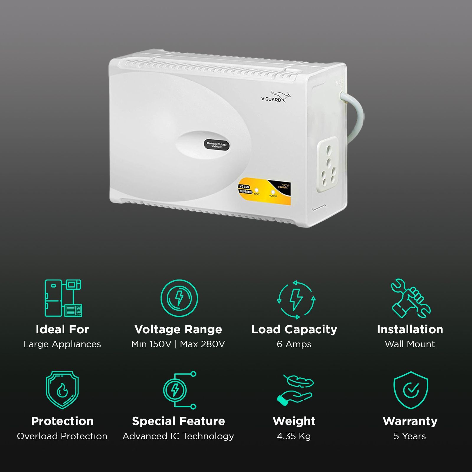 V-GUARD VG 150 Supreme 6 Amps Voltage Stabilizer For 600 to 1000 Litres Refrigerator (150V to 280V, Surge Protection, Grey)_2