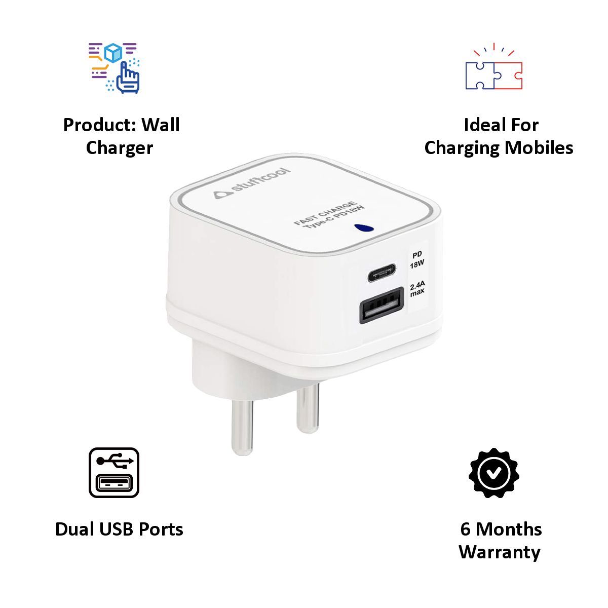 stuffcool Dual Port USB Wall Charger (Celox Plus, White)_5