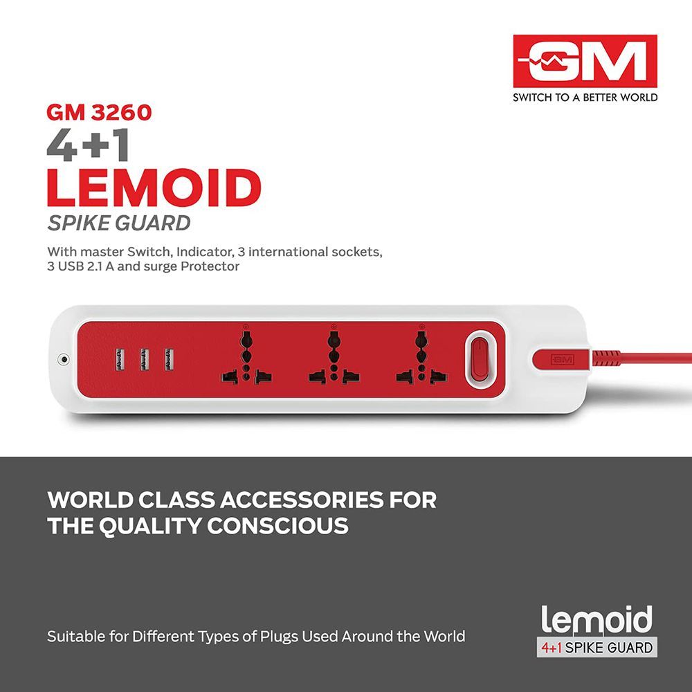 GM Lemoid 10 Amps 3 Sockets Surge Protector (2.1 Meters, 3260, White/Red)_9