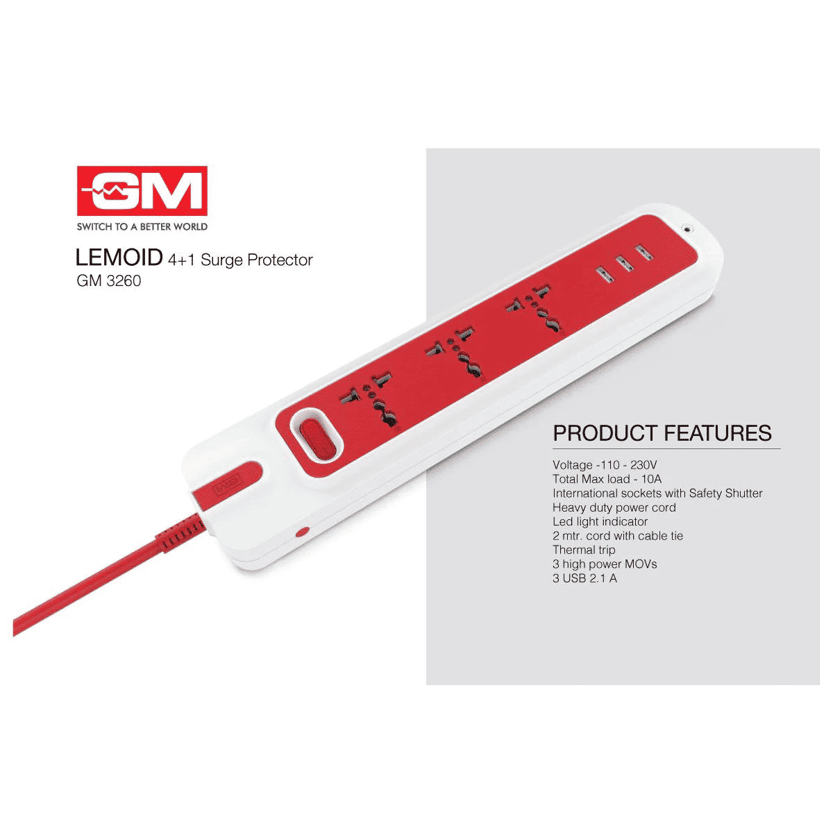 GM Lemoid 10 Amps 3 Sockets Surge Protector (2.1 Meters, 3260, White/Red)_10