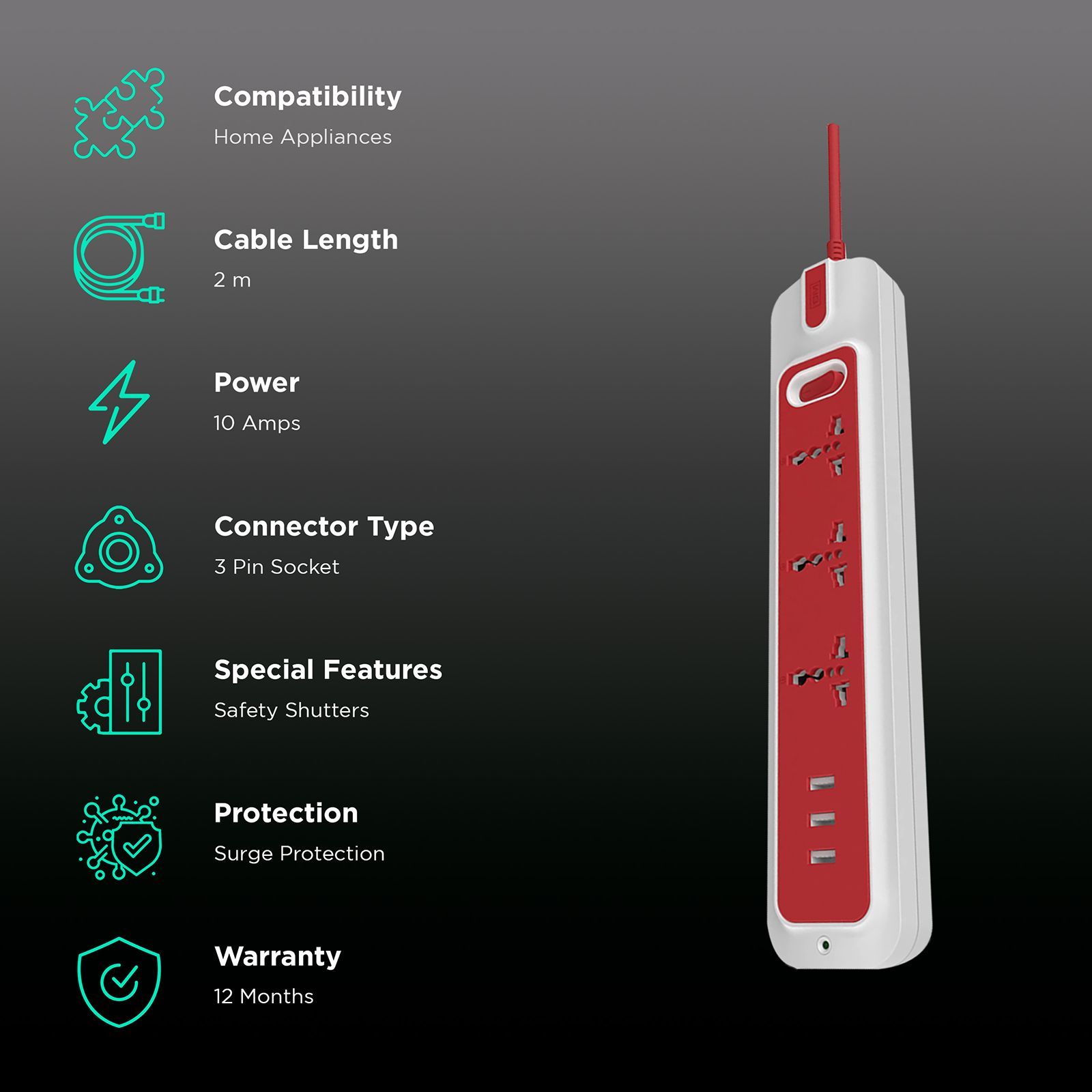 GM Lemoid 10 Amps 3 Sockets Surge Protector (2.1 Meters, 3260, White/Red)_2