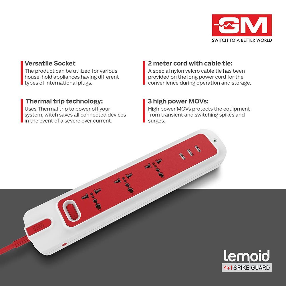 GM Lemoid 10 Amps 3 Sockets Surge Protector (2.1 Meters, 3260, White/Red)_6