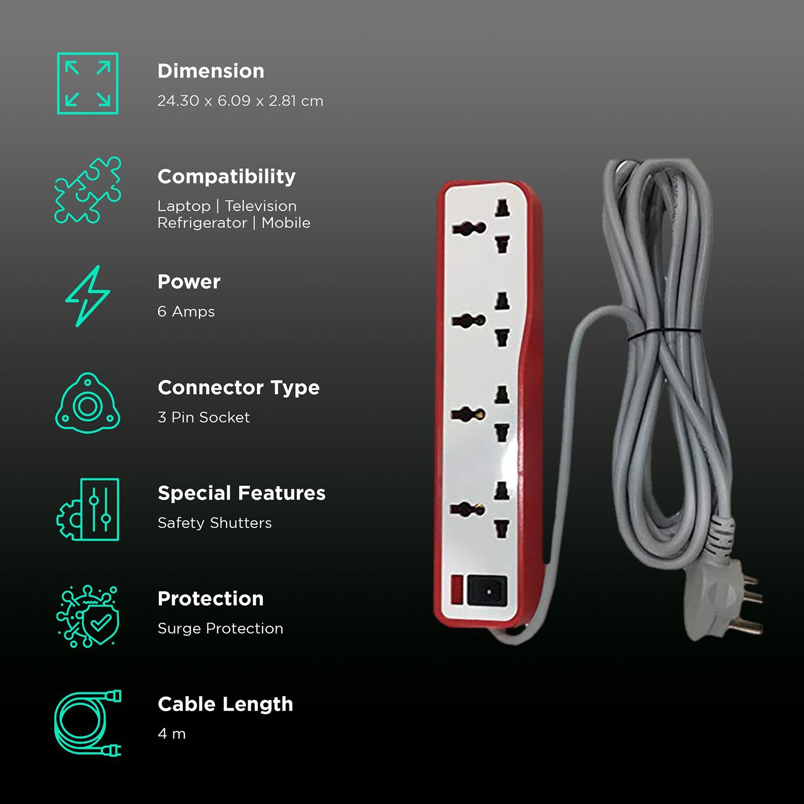 HAVELLS EcoStar 6 Amps 4 Sockets Spike Guard (4 Meters, Neon Indicator, AHNKXXR004, White) HAVELLS EcoStar 6 Amps 4 Sockets Spike Guard (4 Meters, Neon Indicator, AHNKXXR004, White)_2