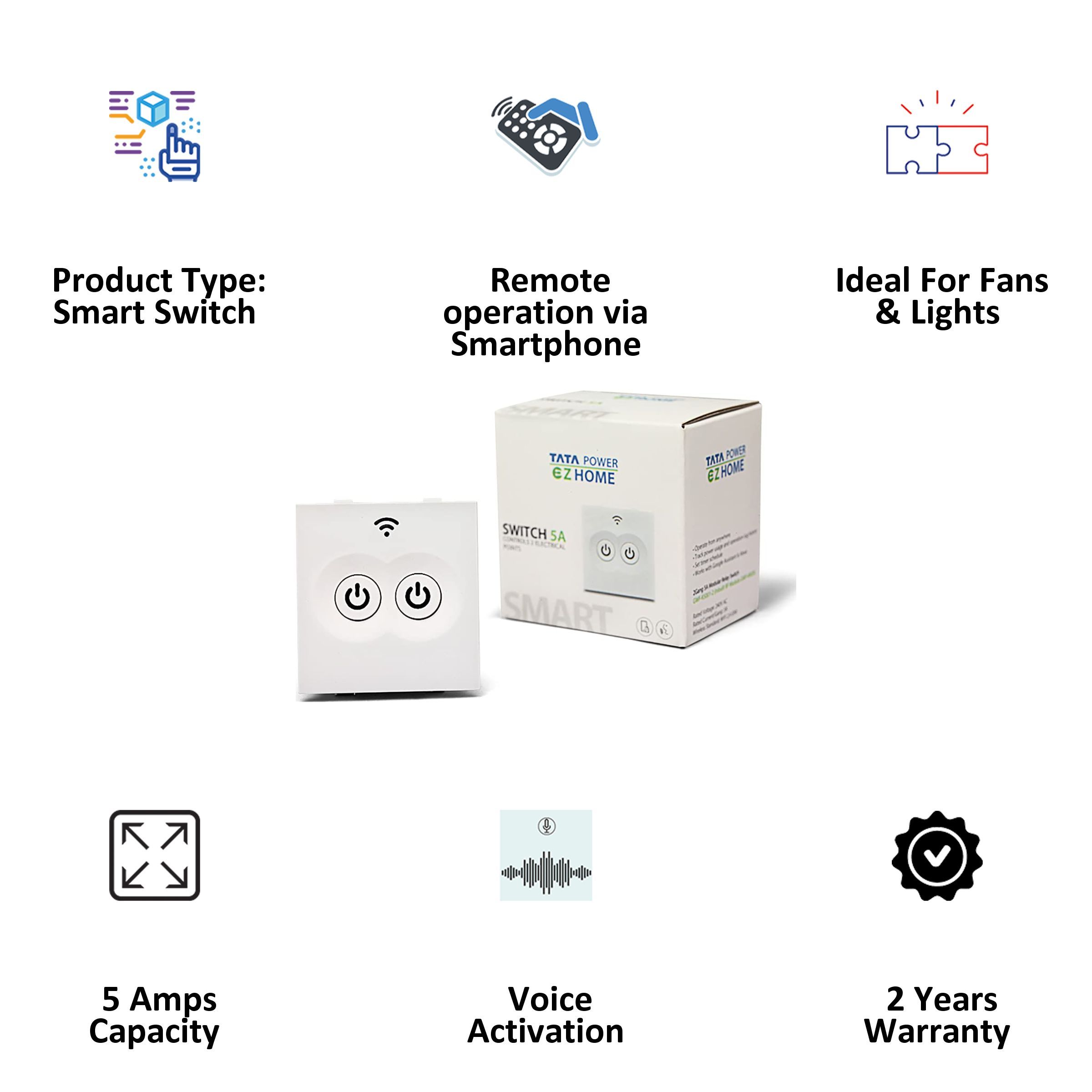 TATA POWER EZ HOME 5 Amps Smart Switch (2 Gang, Google and Alexa Voice Assisted, GWF-KS001-2, White)_5