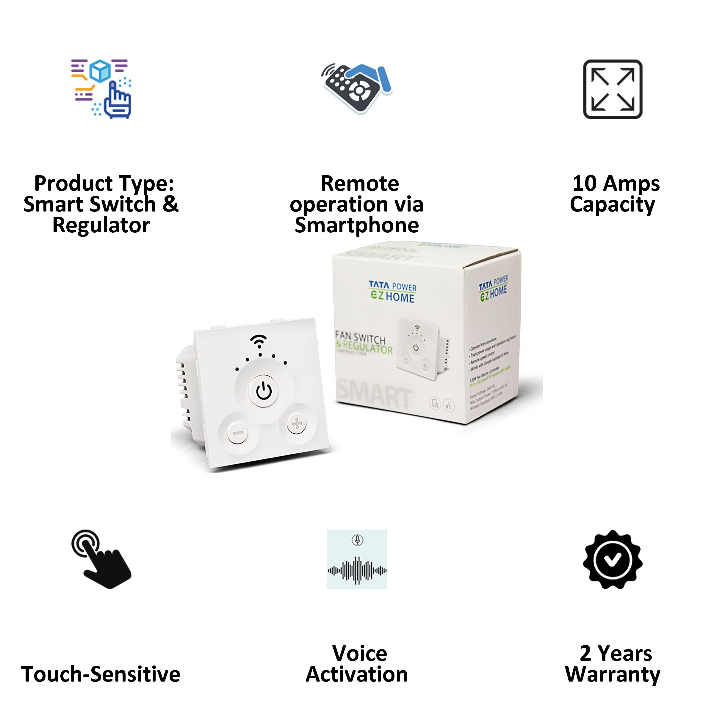 TATA POWER EZ HOME Google and Alexa Assistant Smart Switch and Regulator For Fan (Voice Control, FI-01-150 GWF-KM26, White)_5