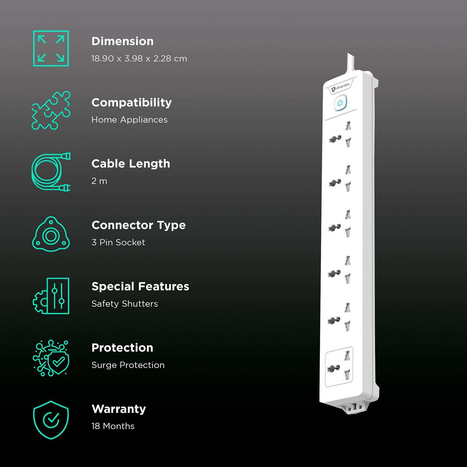 Ultraprolink 6 Amps 6 Sockets Surge Protector with Individual Switch (2 Meters, Fire Retardant Material, UM1048, White)_2