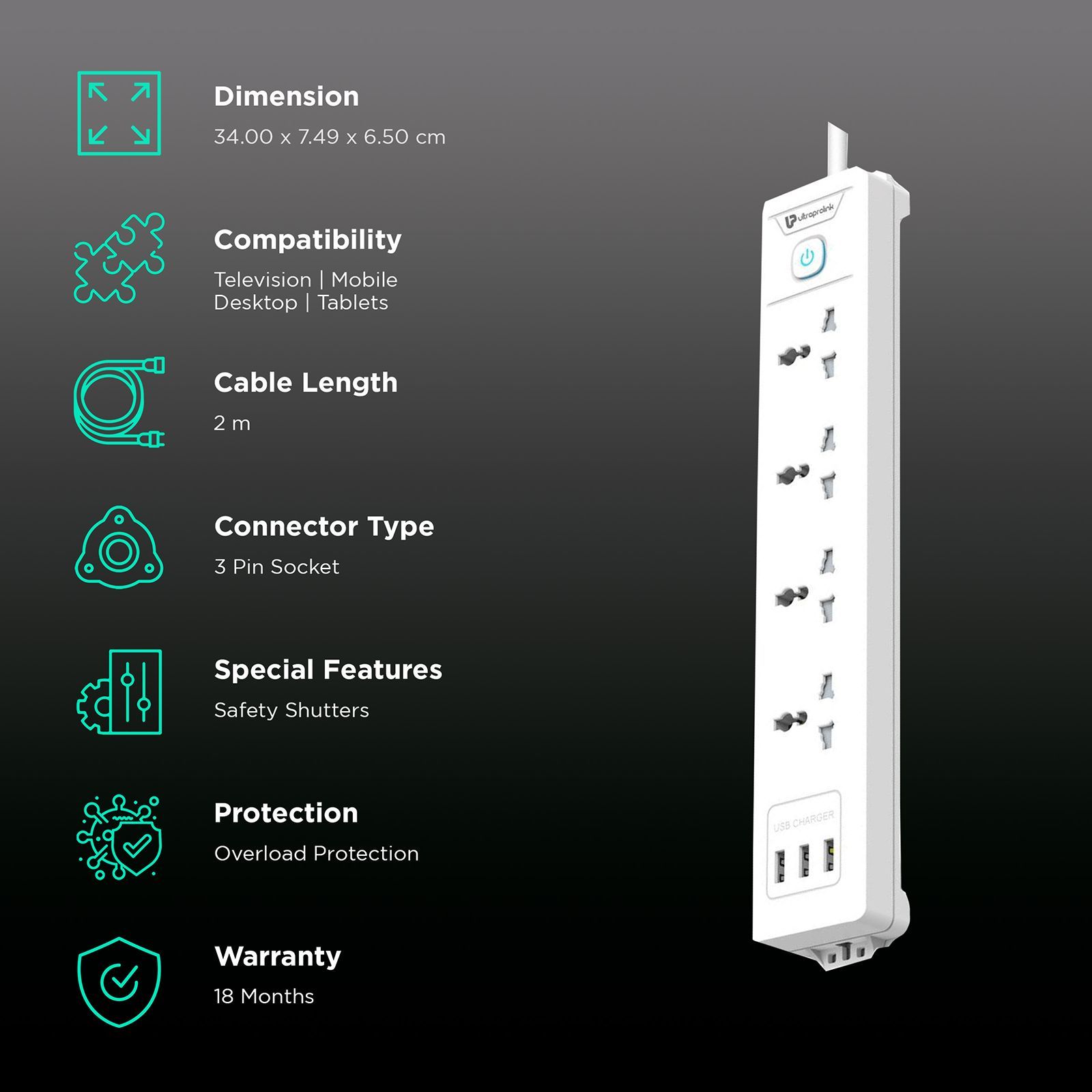 Ultraprolink 2.4 Amps 4 Sockets Surge Protector with Individual Switch (2 Meters, 3 USB Ports, UM1049U, White)_2