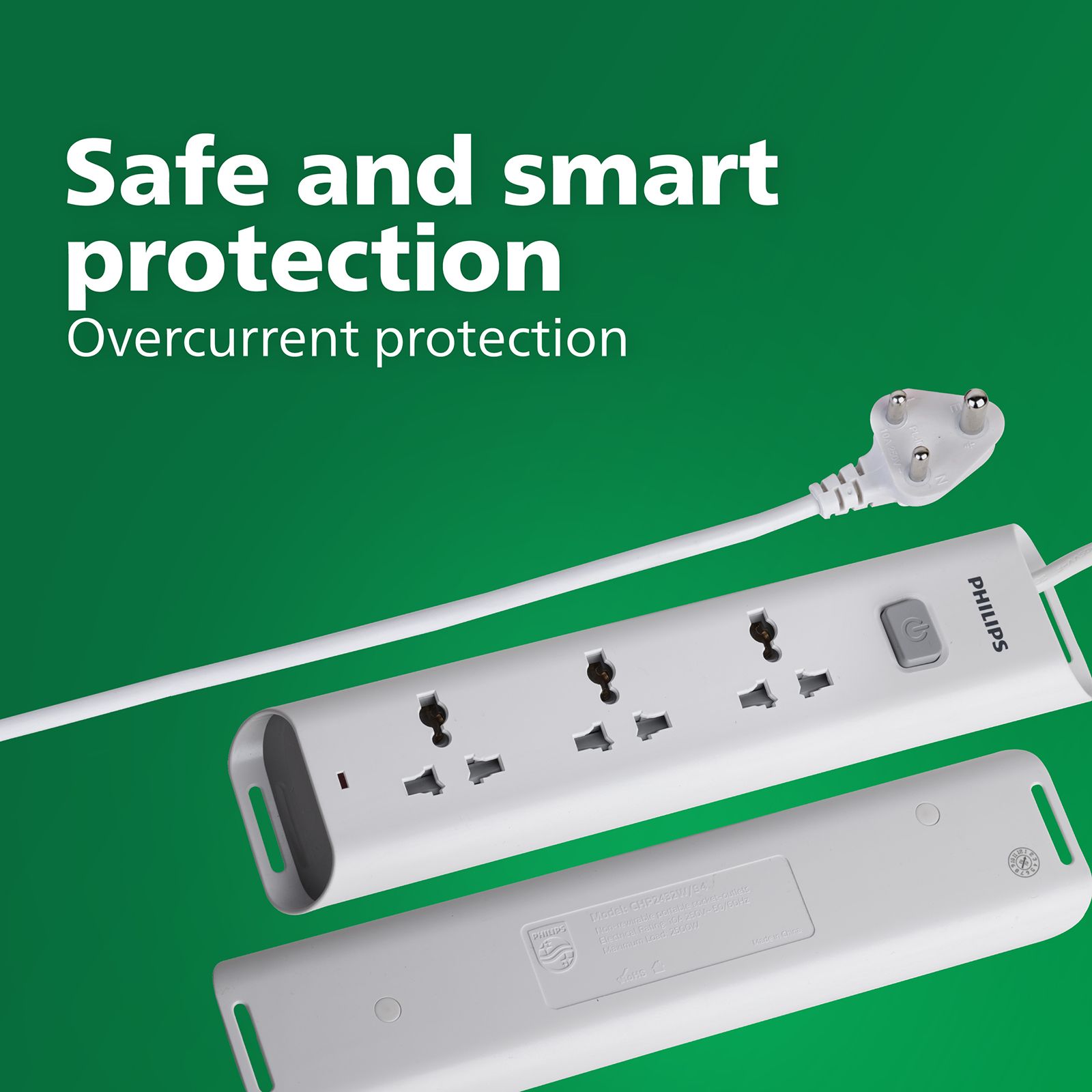 PHILIPS 10 Amps 3 Sockets Power Multiplier (1.2 Meters, Child Safety Shutter, CHP2432W/94, White)_4