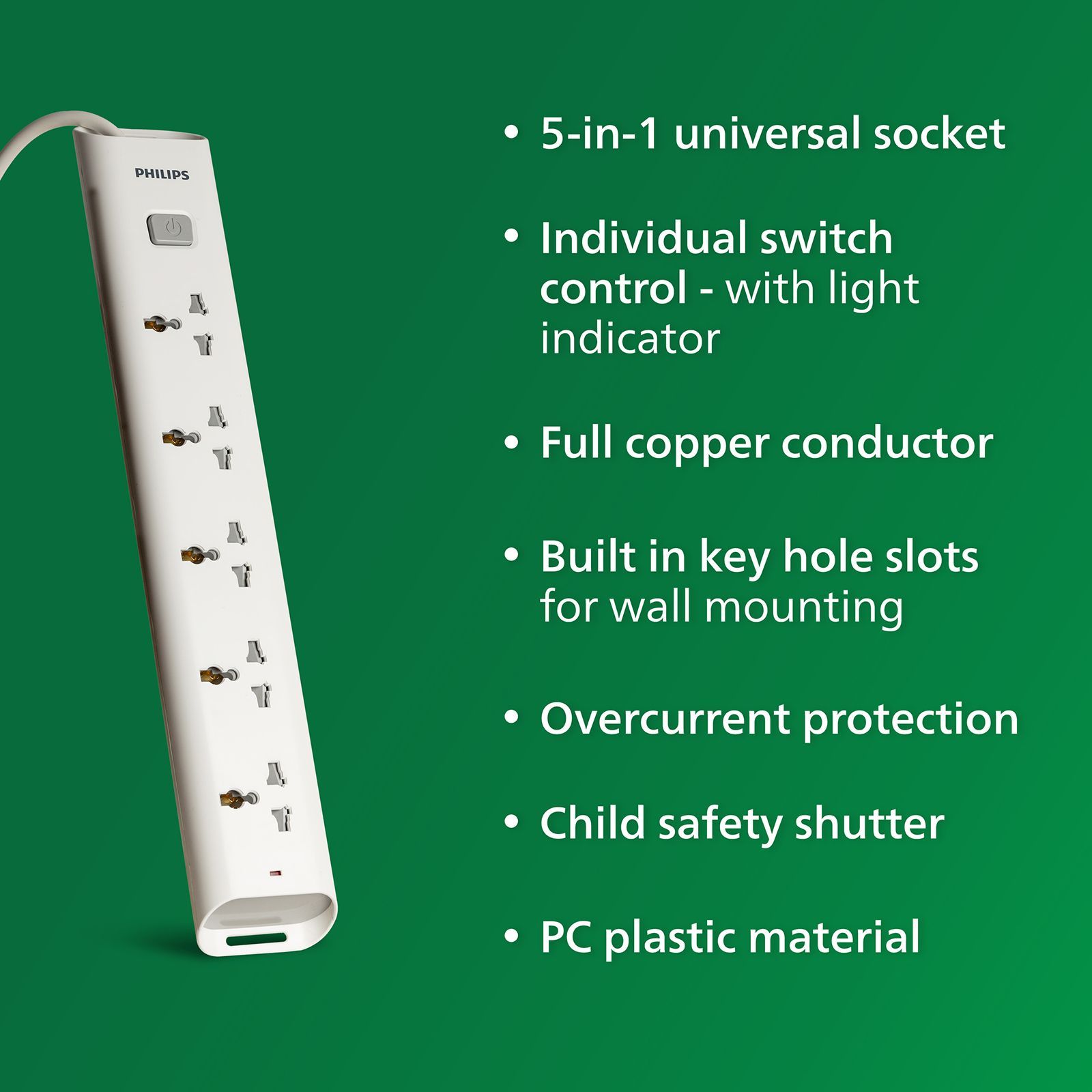 PHILIPS 10 Amps 5 Sockets Power Multiplier (1.2 Meters, Child Safety Shutter, CHP2452W/94, White)_6